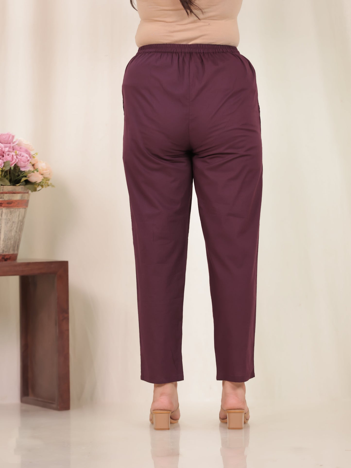 Soft Cotton Solid Wine Tapered Tapered Trousers