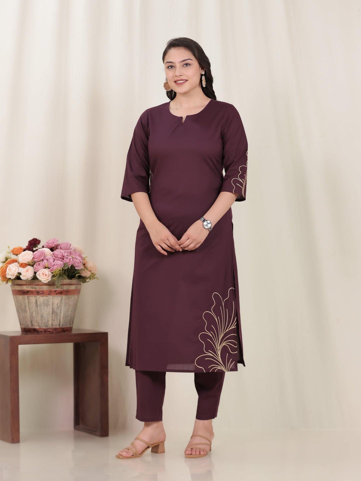 Embroidered Soft Cotton Solid Straight Wine Kurta