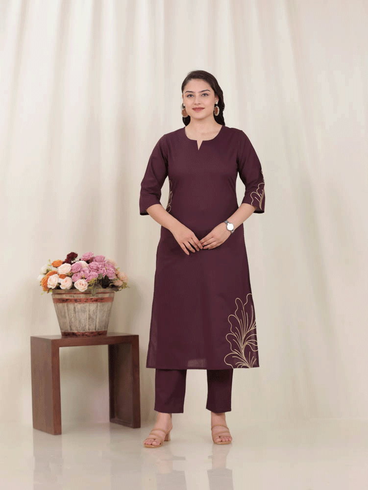 Embroidered Soft Cotton Solid Straight Wine Kurta