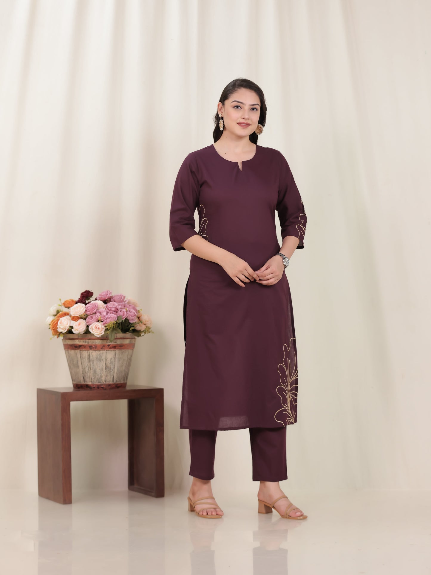 Embroidered Soft Cotton Solid Straight Wine Kurta