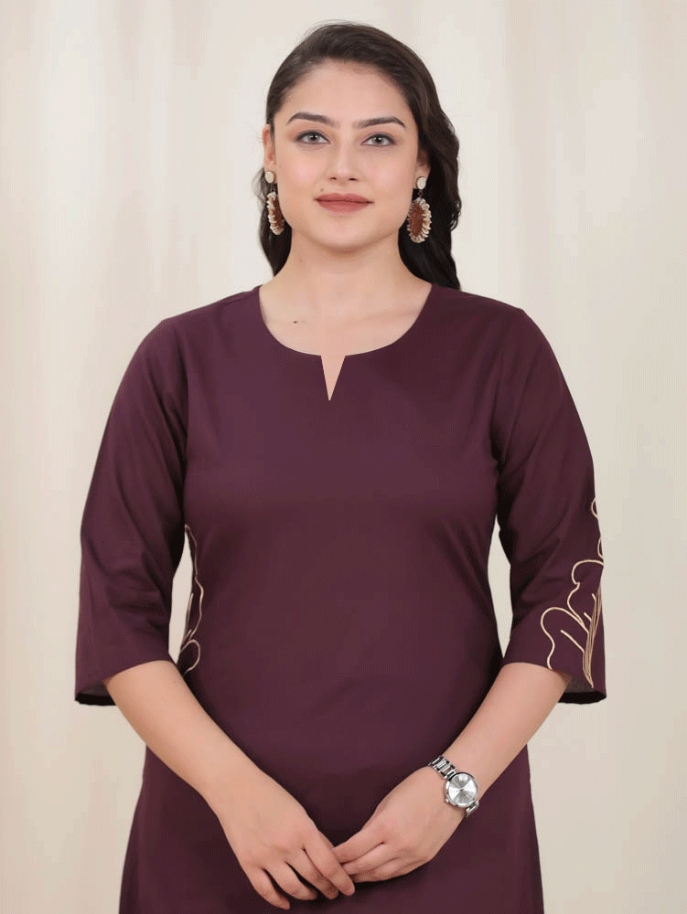 Embroidered Soft Cotton Solid Straight Wine Kurta