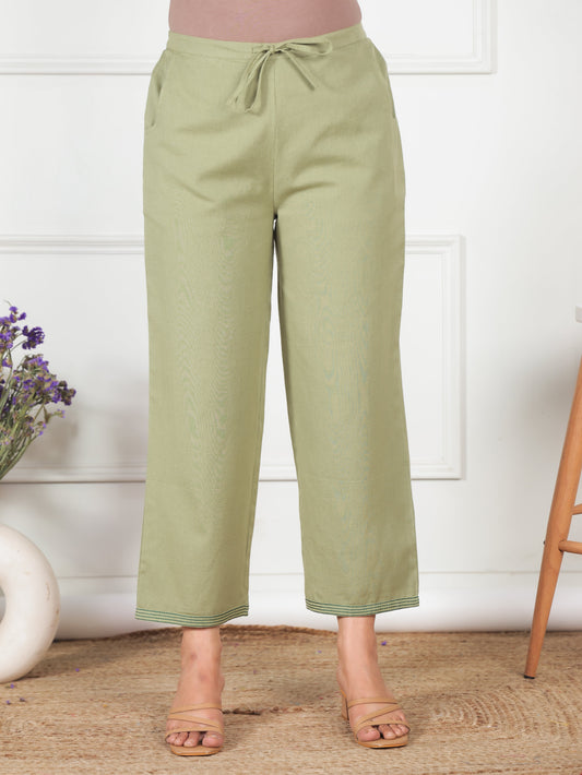 Linen Cotton Solid Green Straight Trousers
