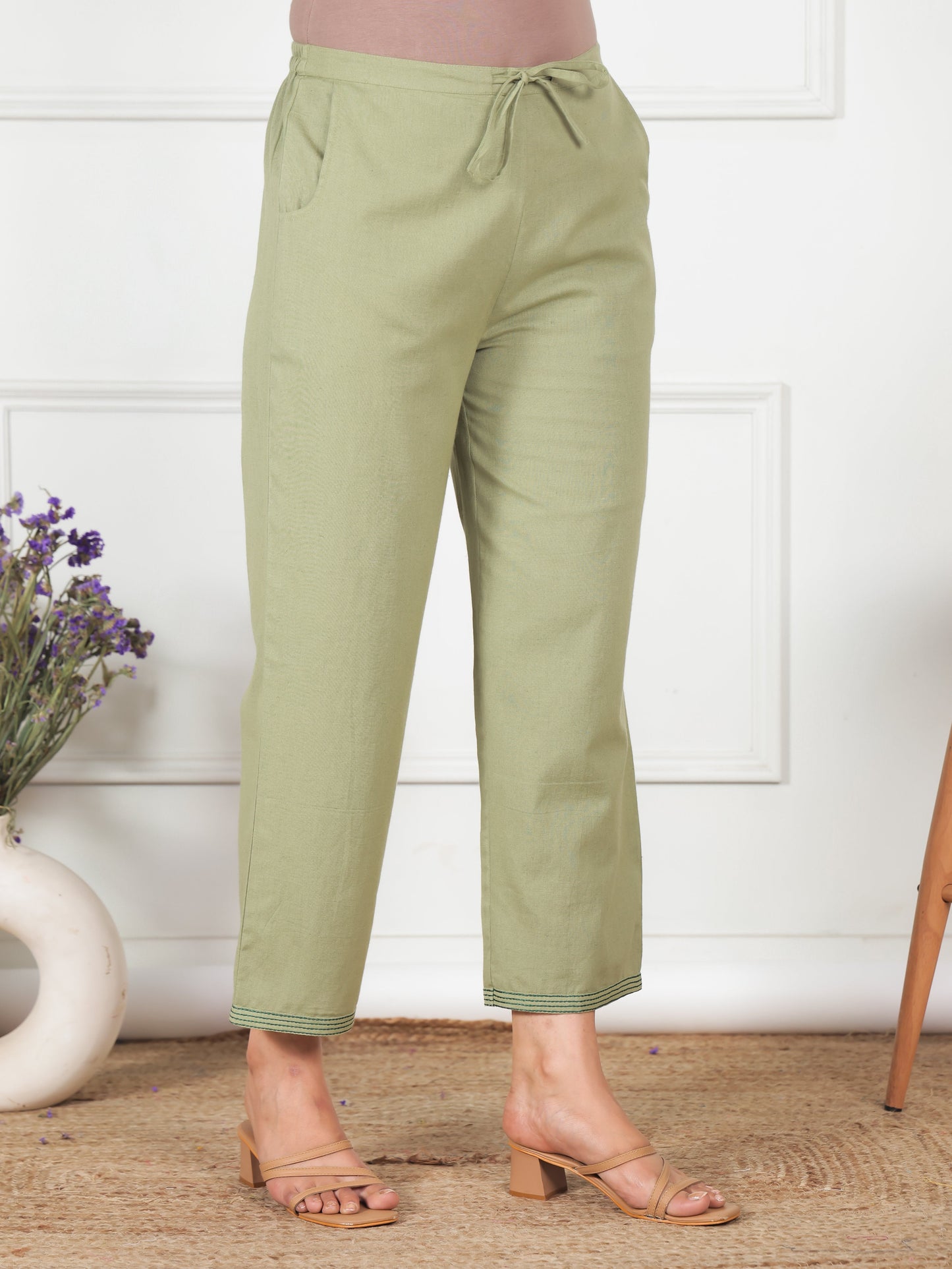 Linen Cotton Solid Green Straight Trousers