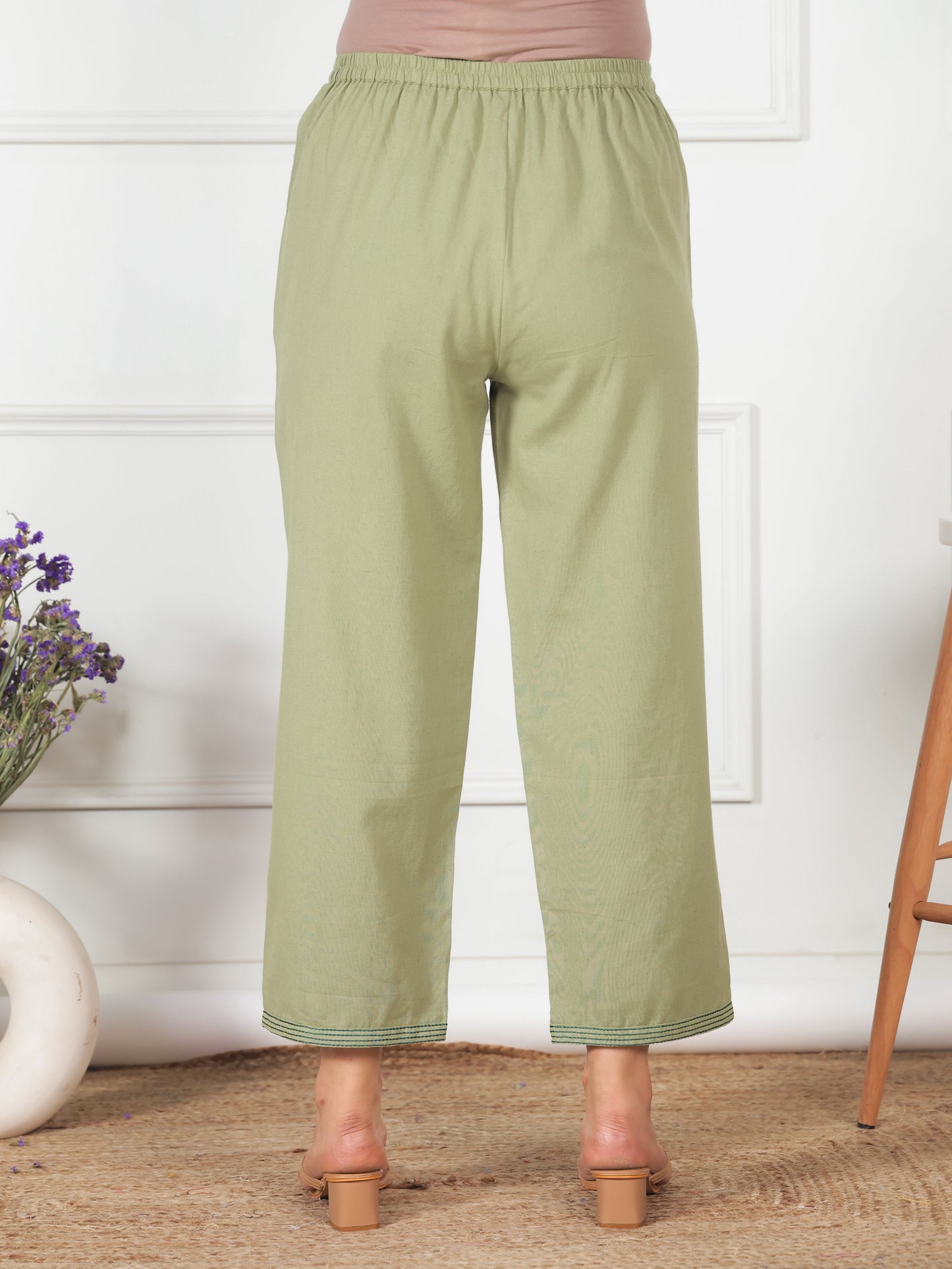 Linen Cotton Solid Green Straight Trousers