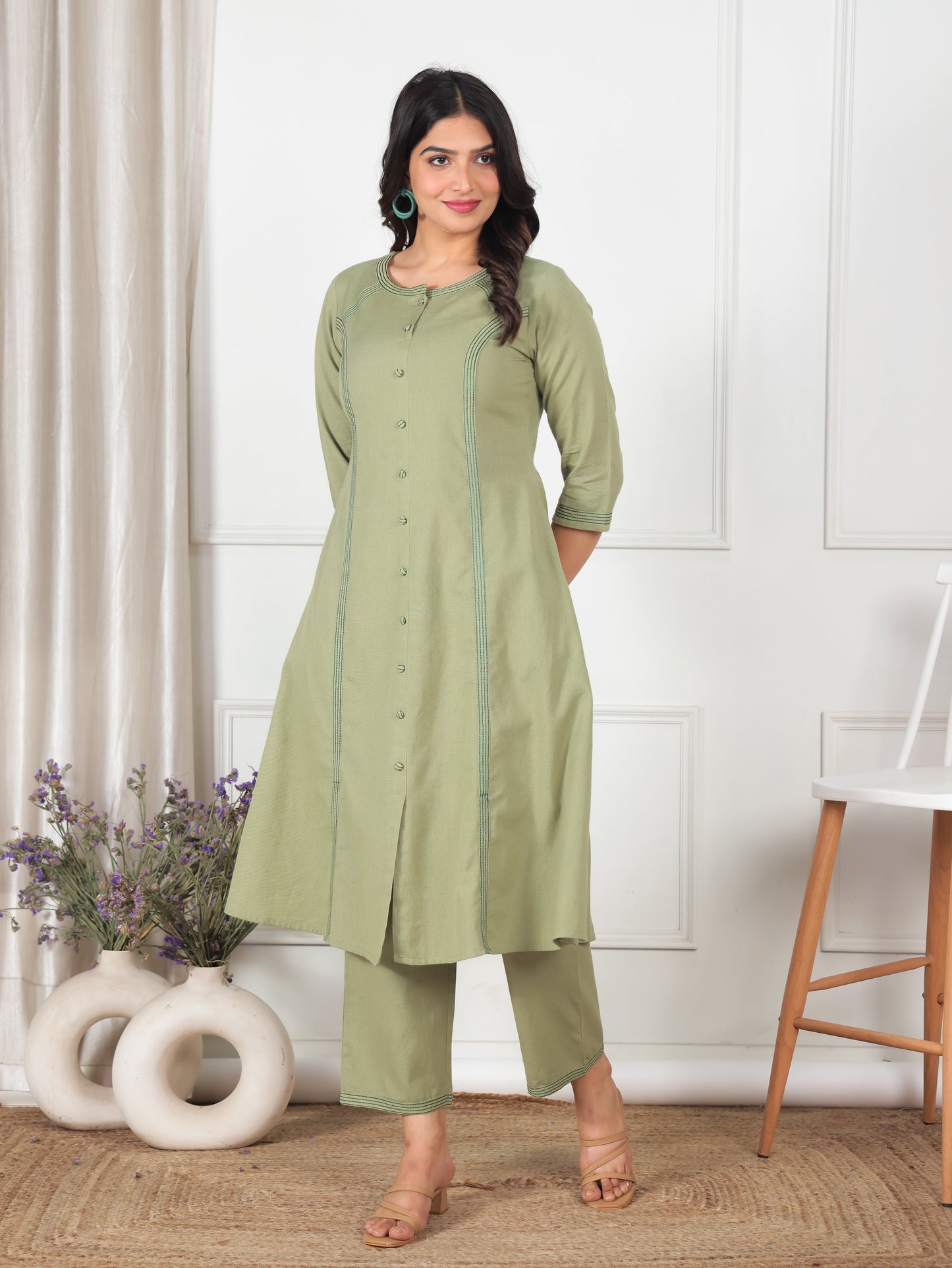 Embroidered Linen Cotton Solid A-line Green Kurta