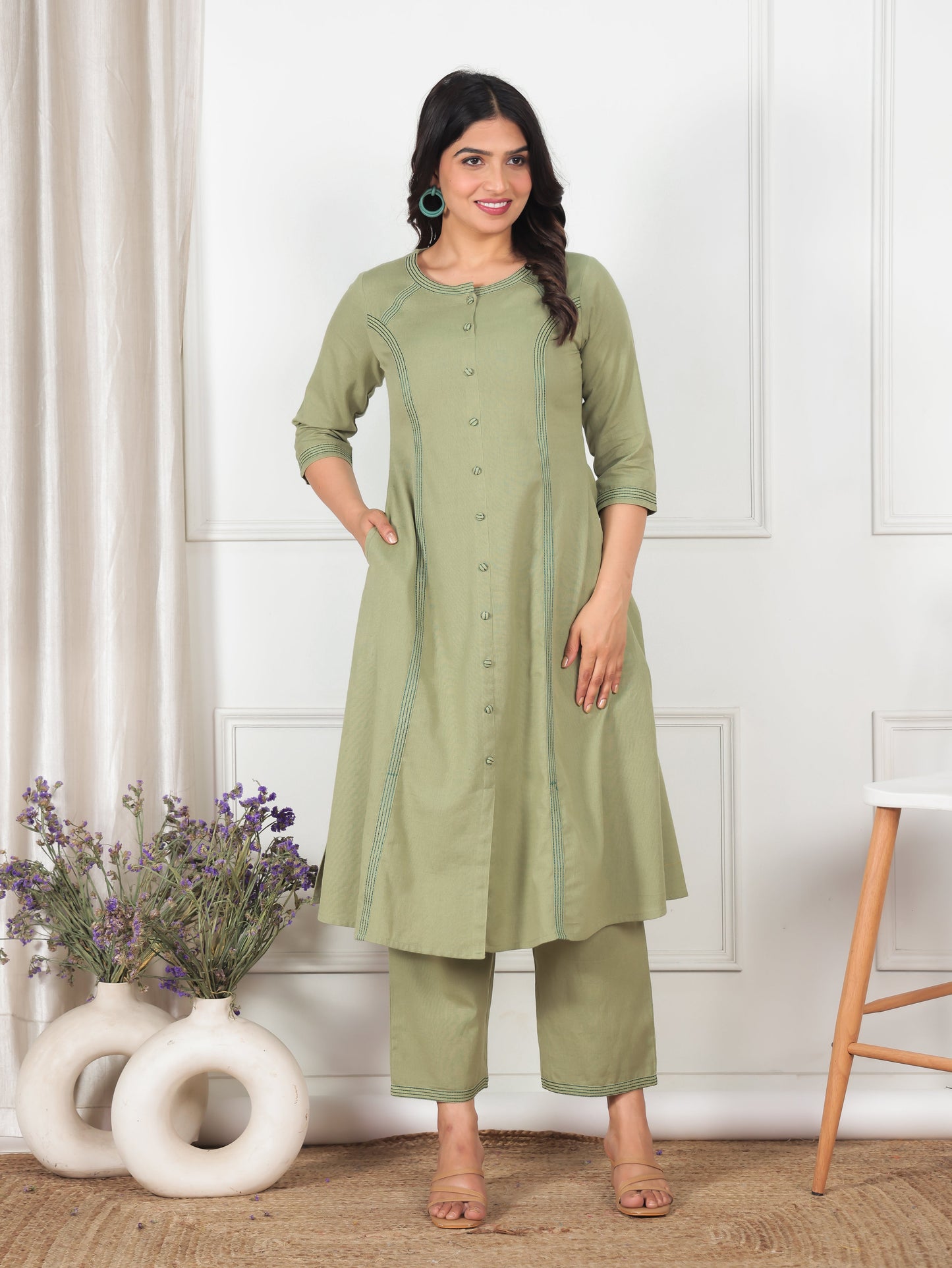 Embroidered Linen Cotton Solid A-line Green Kurta