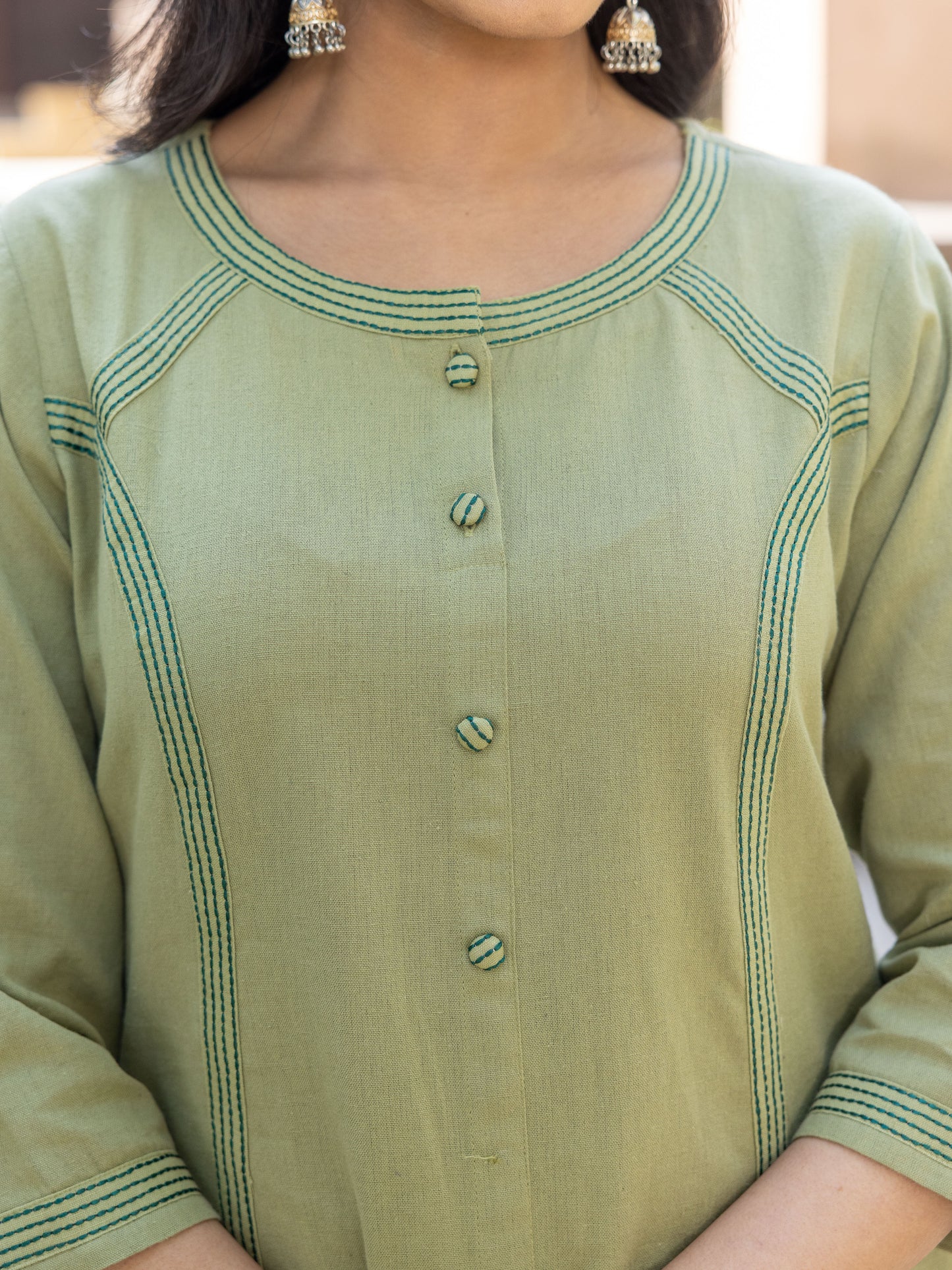 Embroidered Linen Cotton Solid A-line Green Kurta