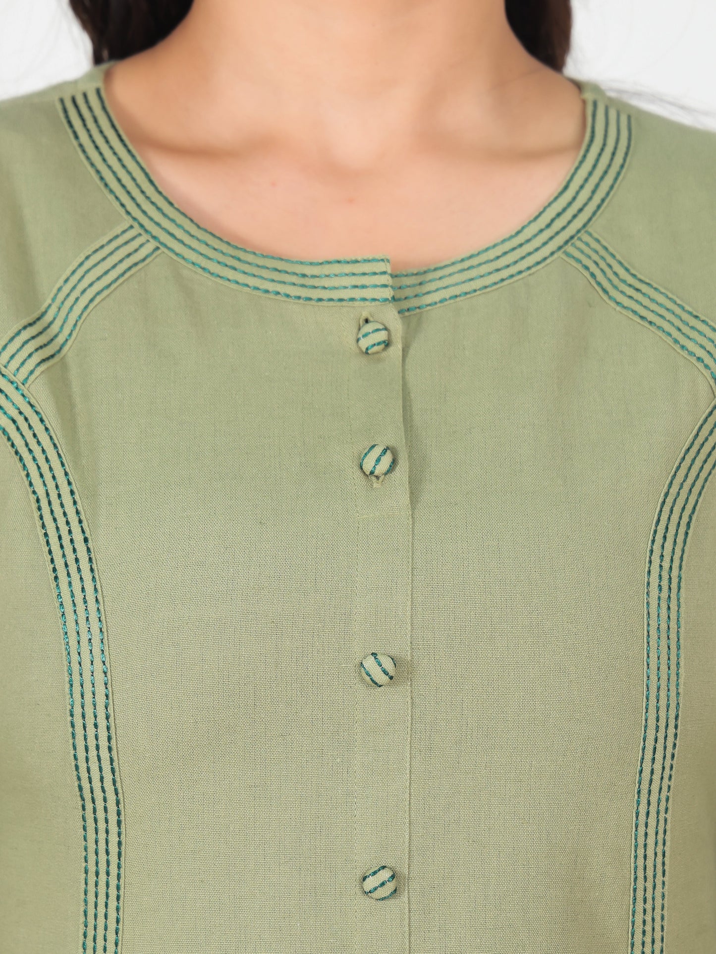 Embroidered Linen Cotton Solid A-line Green Kurta