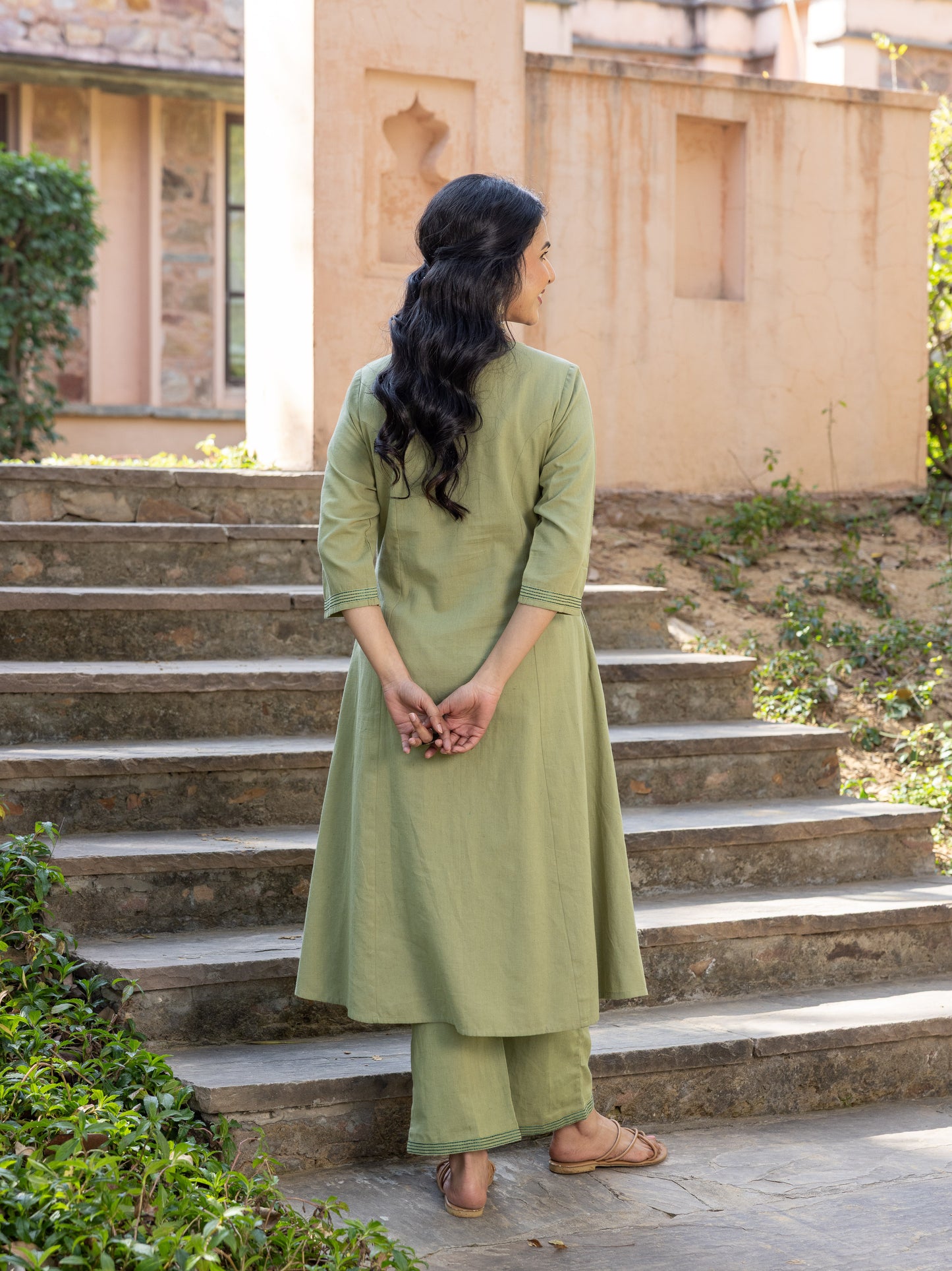 Embroidered Linen Cotton Solid A-line Green Kurta