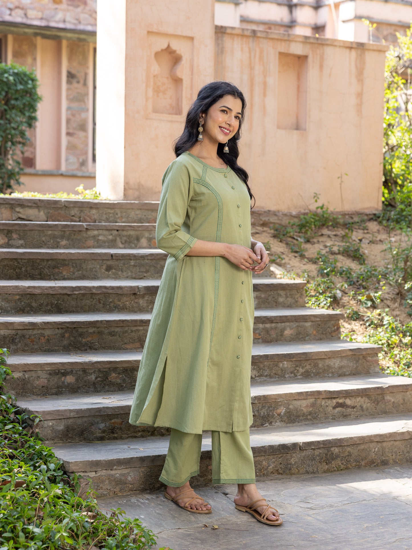 Embroidered Linen Cotton Solid A-line Green Kurta
