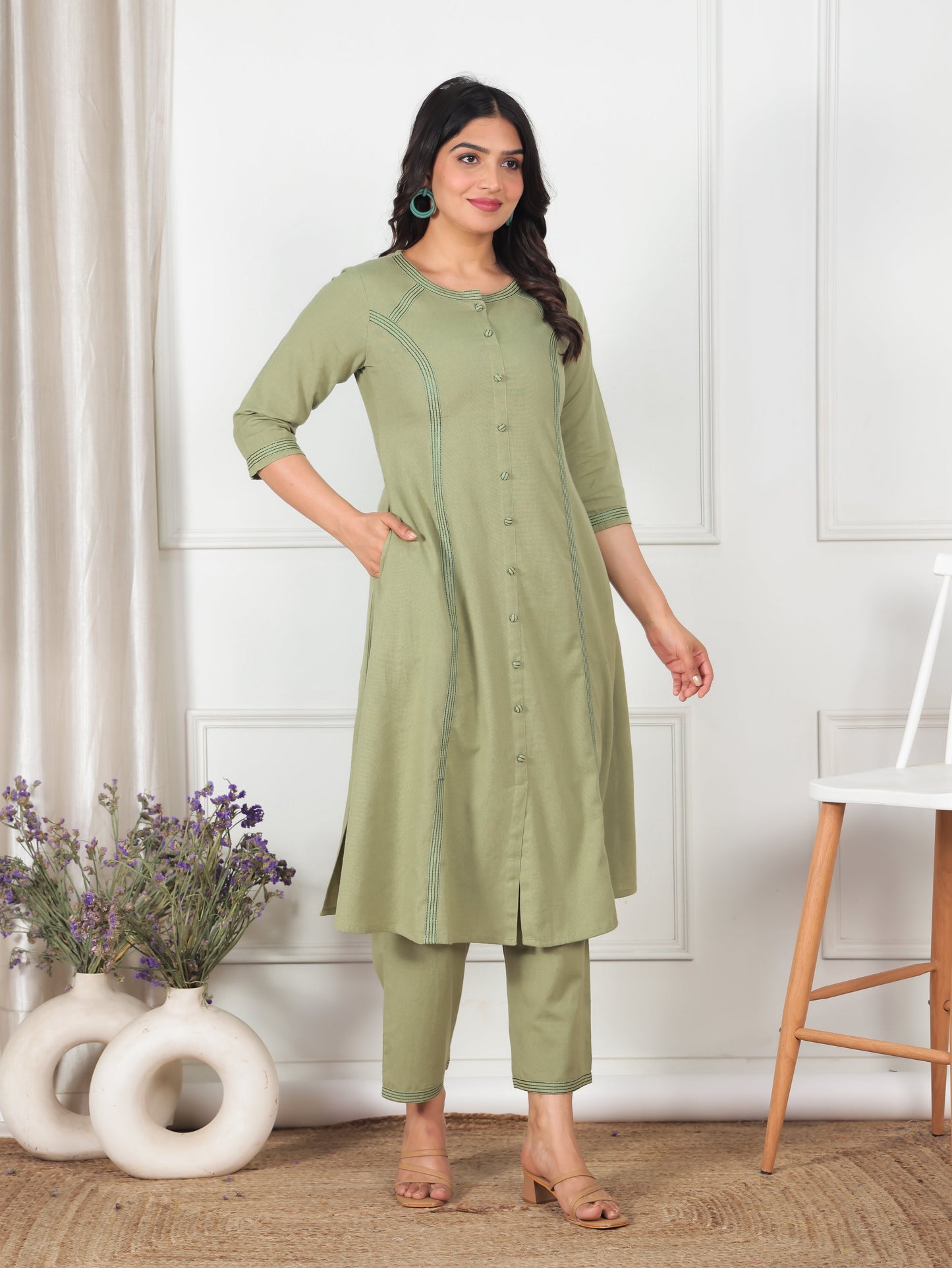Embroidered Linen Cotton Solid A-line Green Kurta