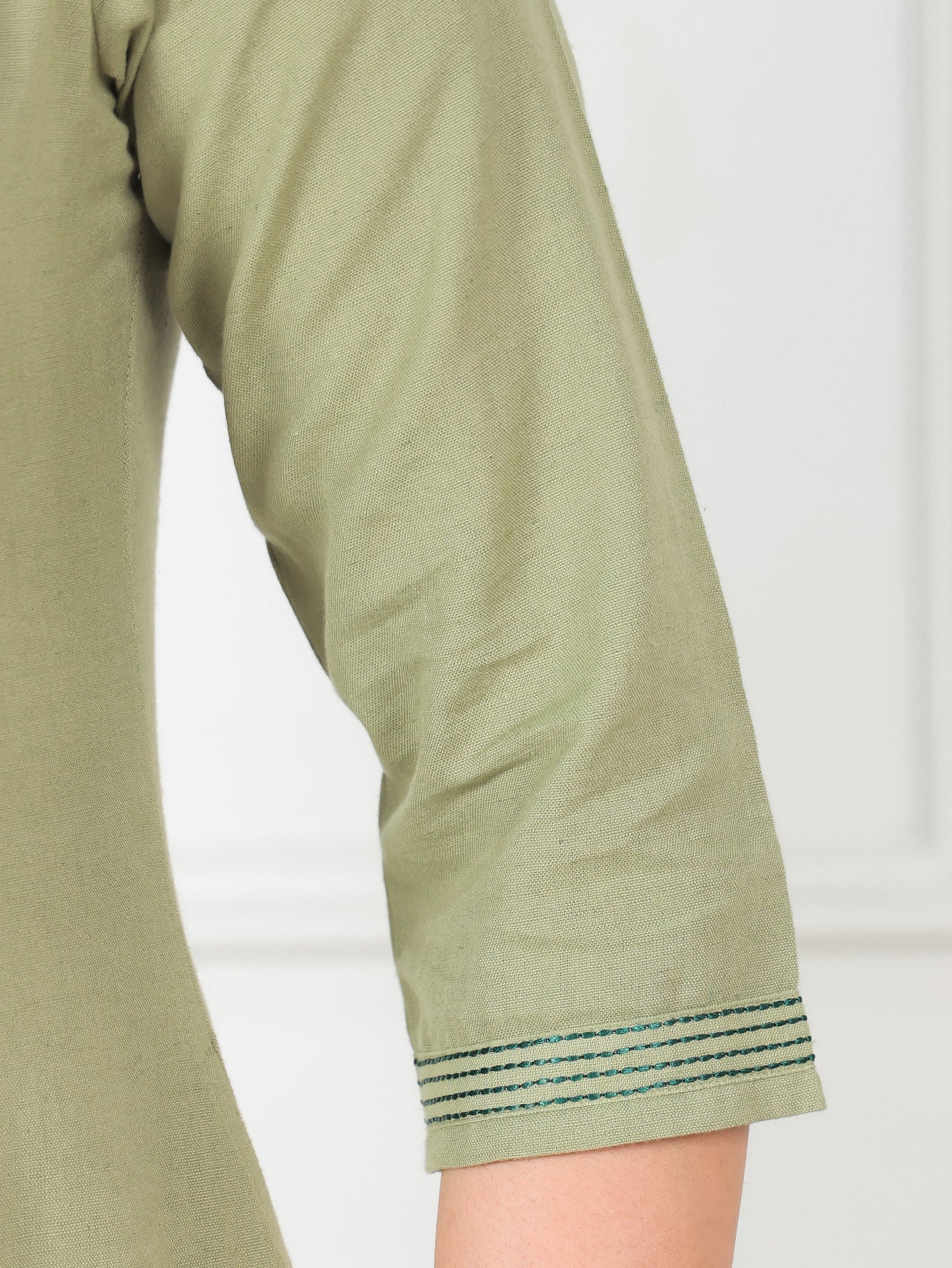 Embroidered Linen Cotton Solid A-line Green Kurta