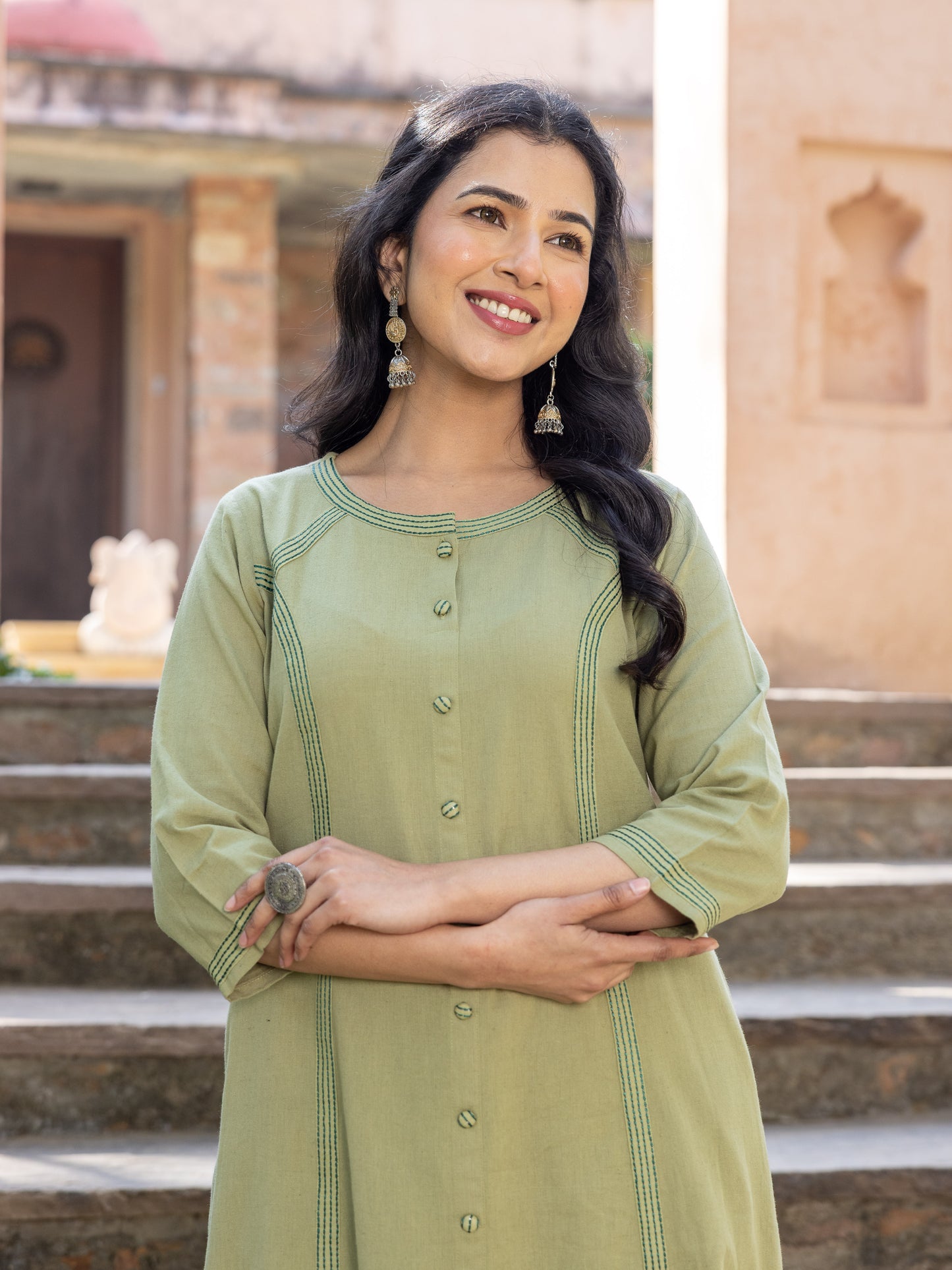 Embroidered Linen Cotton Solid A-line Green Kurta