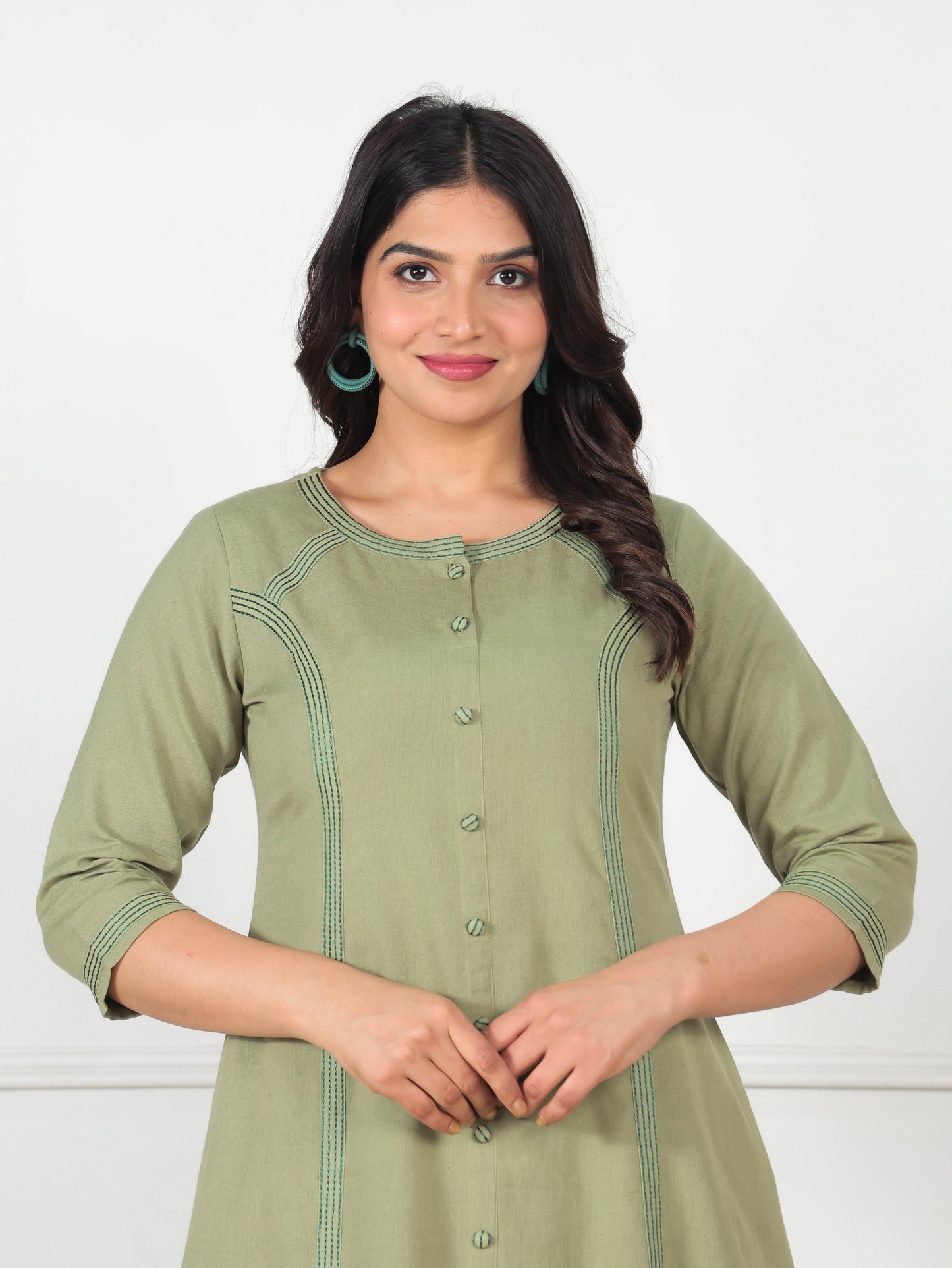 Embroidered Linen Cotton Solid A-line Green Kurta