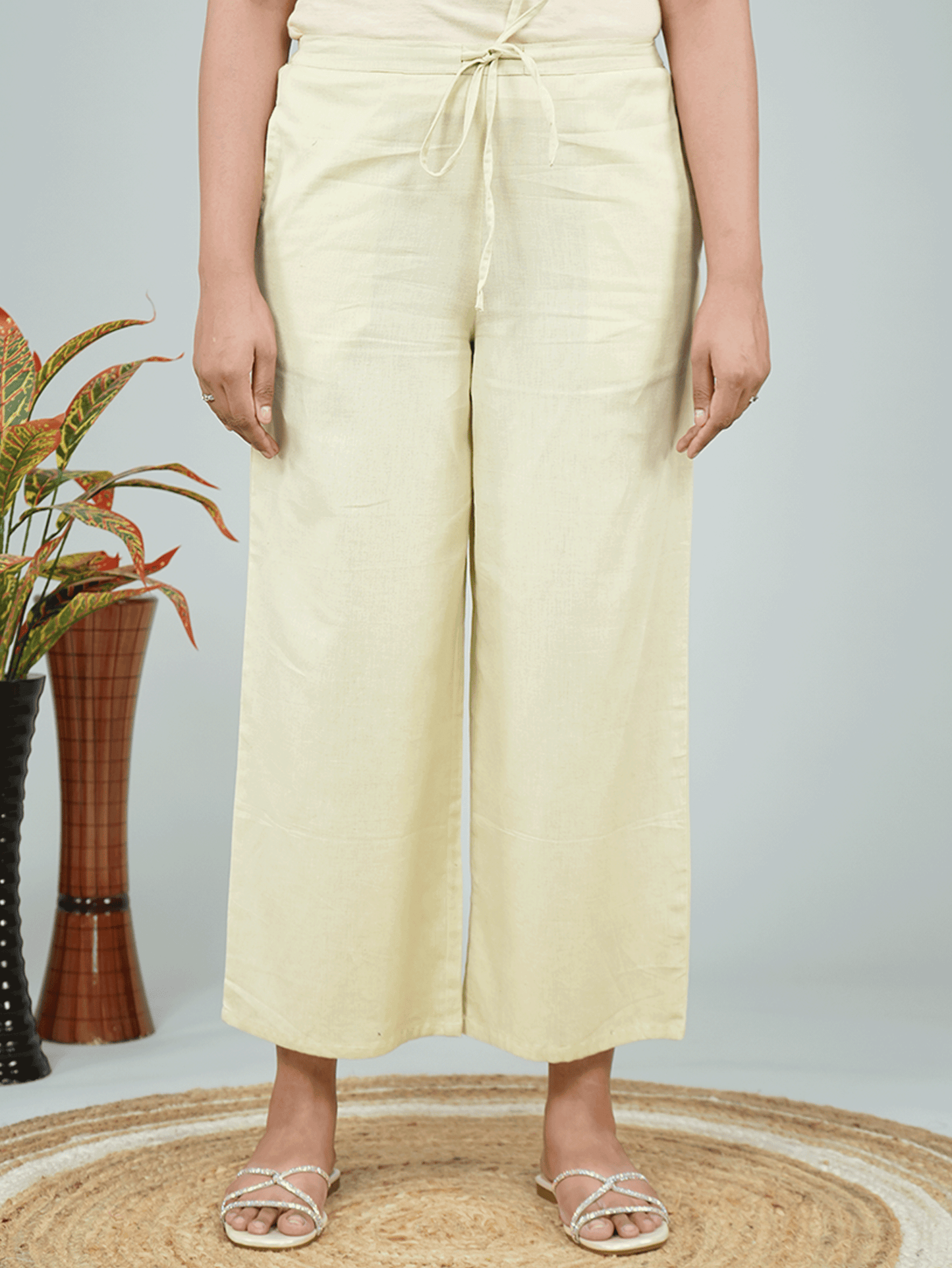 Linen Cotton Solid Green Flared Trousers