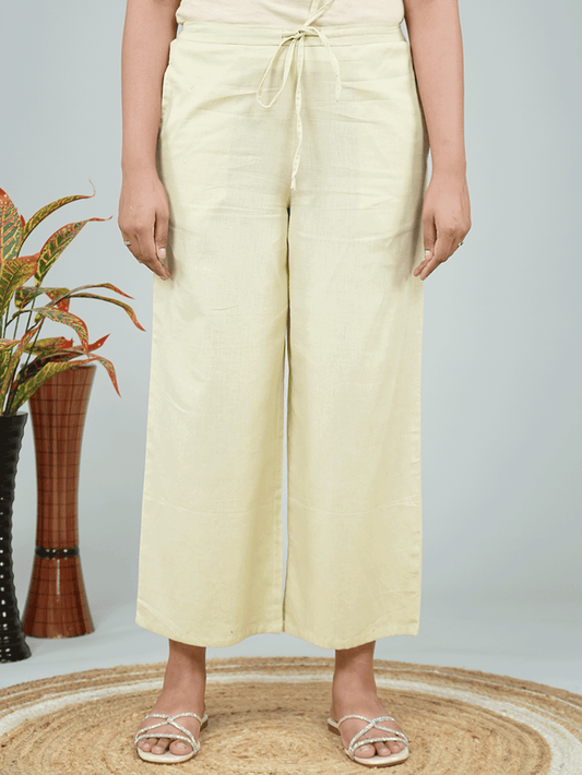 Linen Cotton Solid Green Flared Trousers