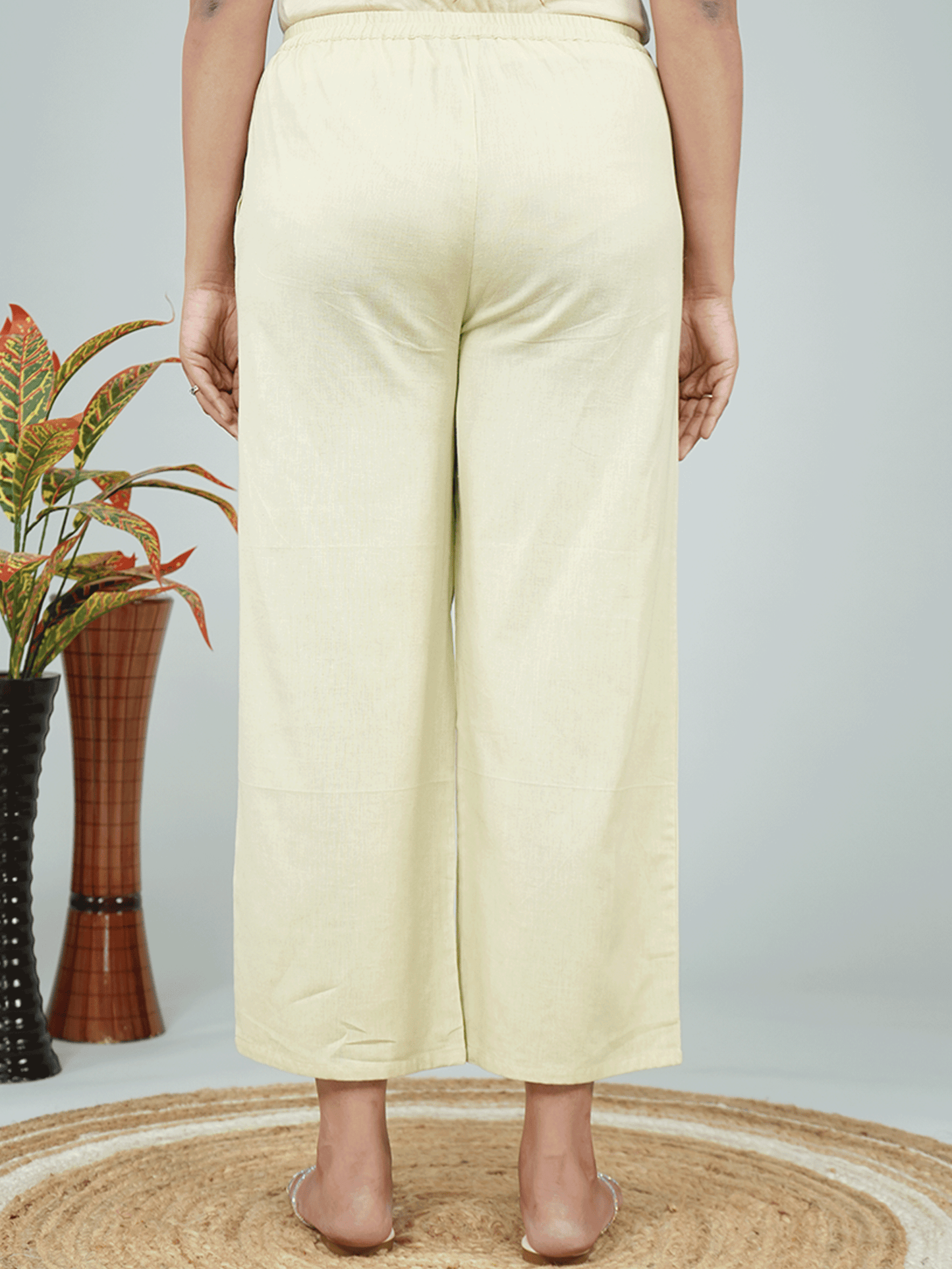 Linen Cotton Solid Green Flared Trousers