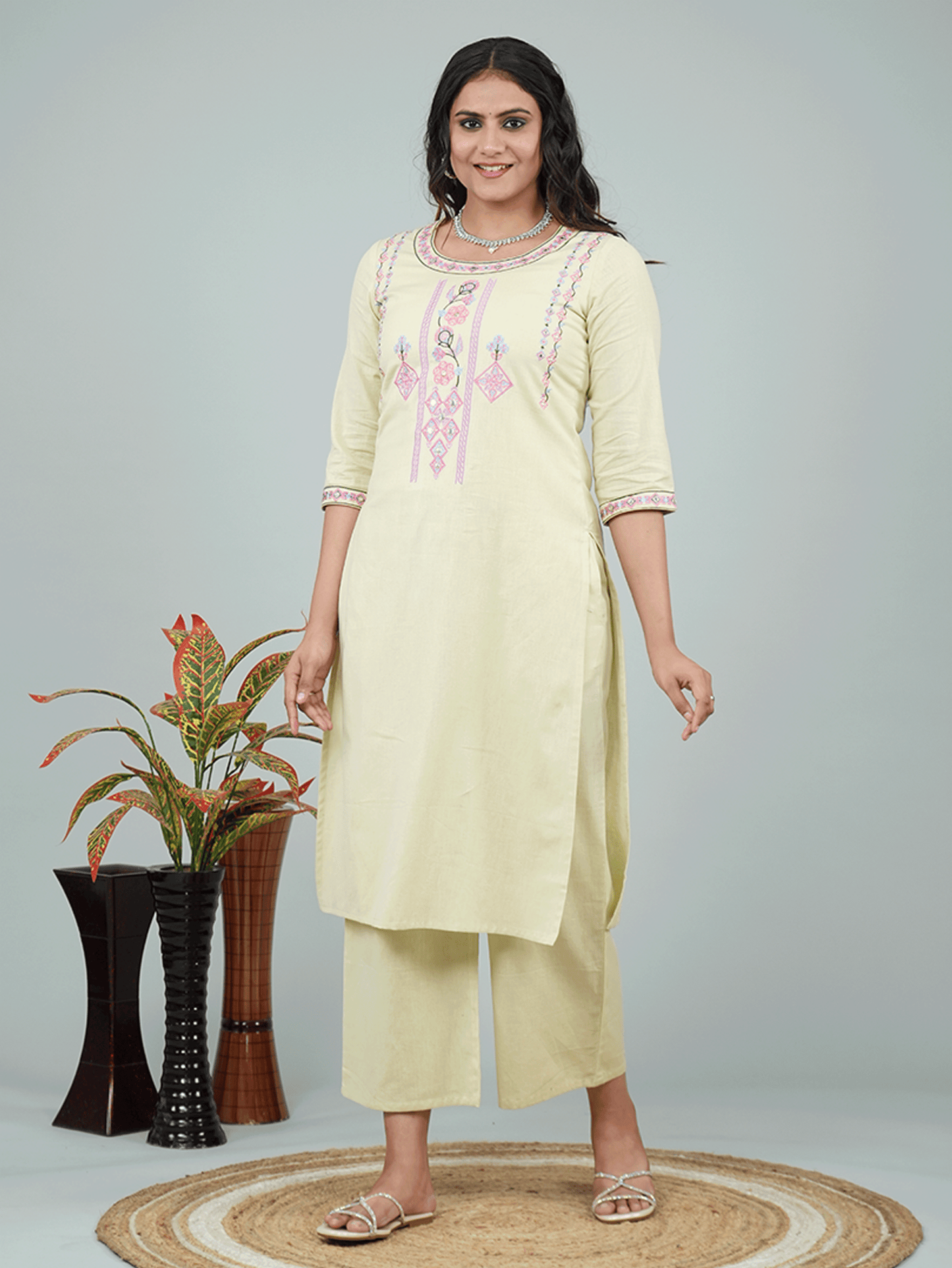 Embroidered Linen Cotton Solid Straight Green Kurta