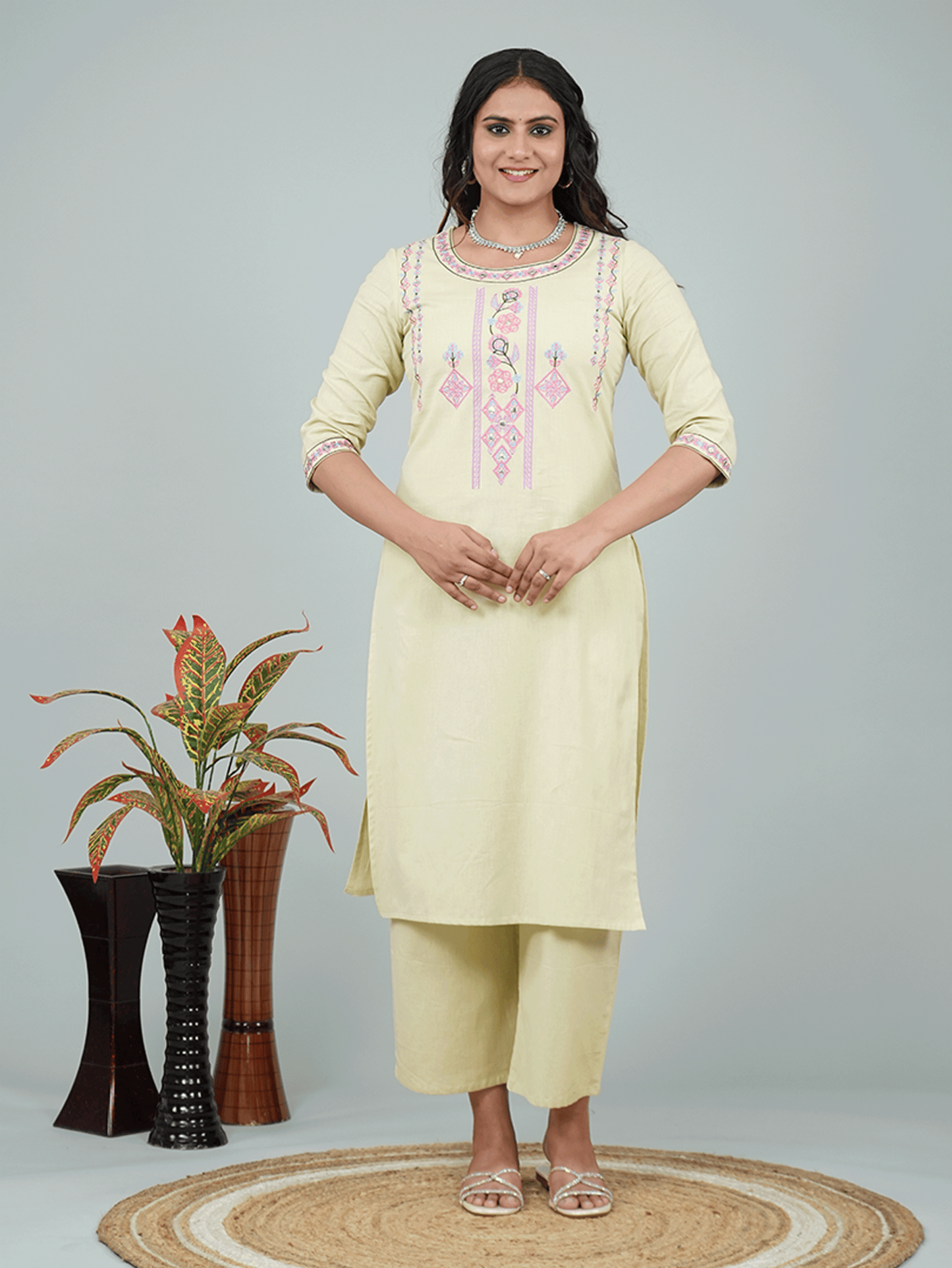 Embroidered Linen Cotton Solid Straight Green Kurta