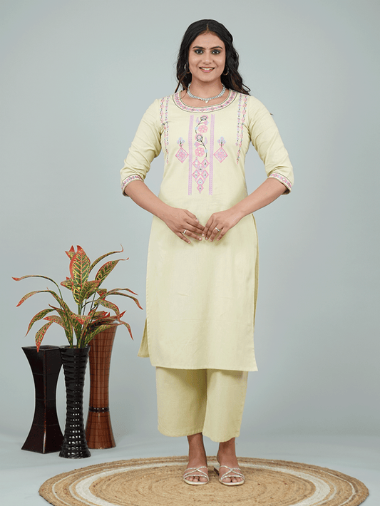 Embroidered Linen Cotton Solid Straight Green Kurta