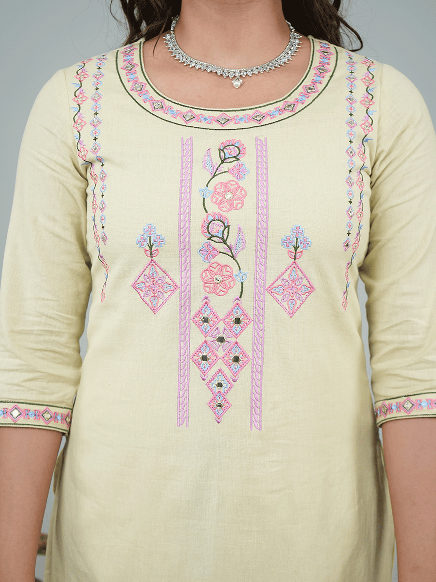 Embroidered Linen Cotton Solid Straight Green Kurta