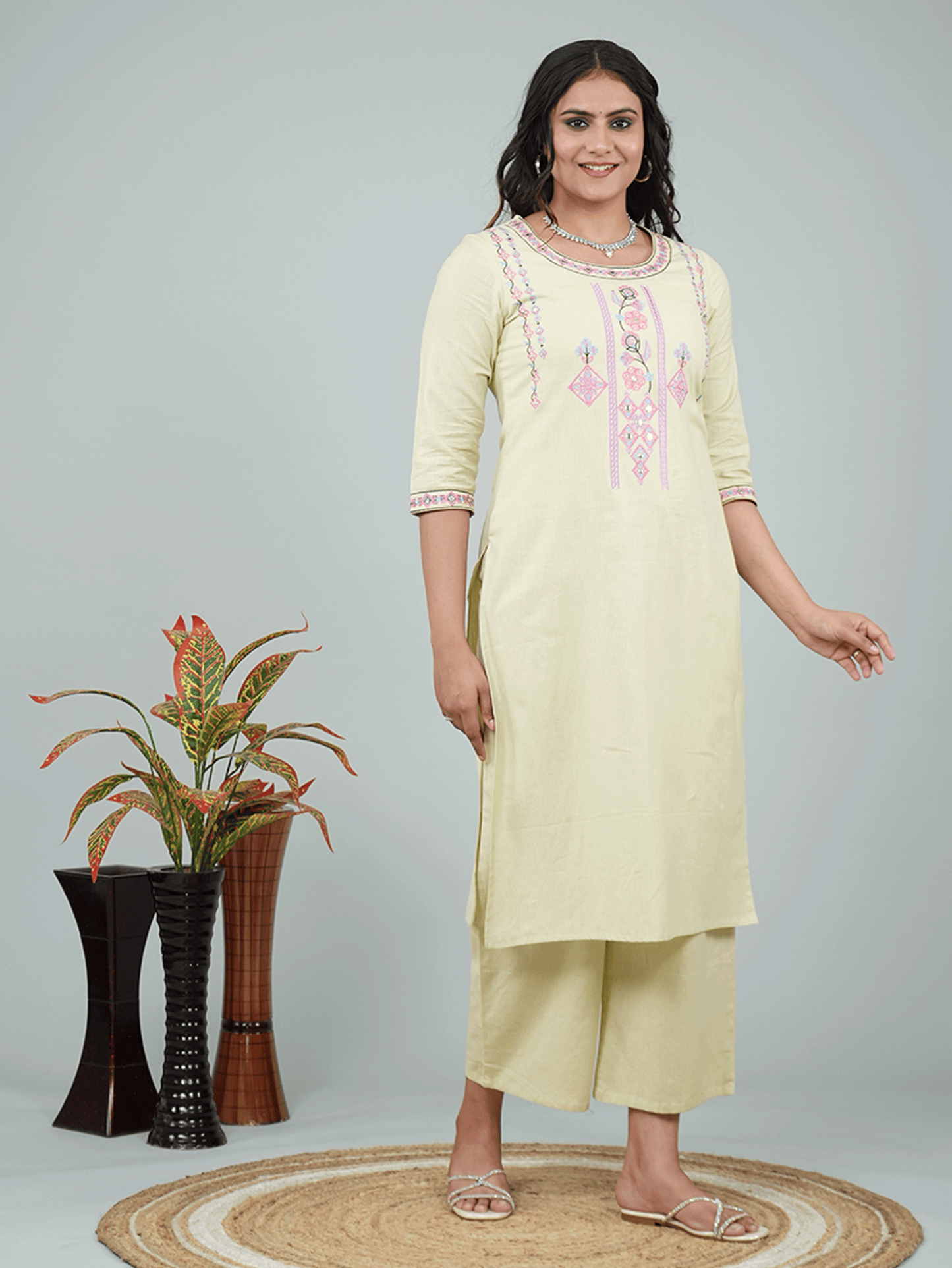 Embroidered Linen Cotton Solid Straight Green Kurta