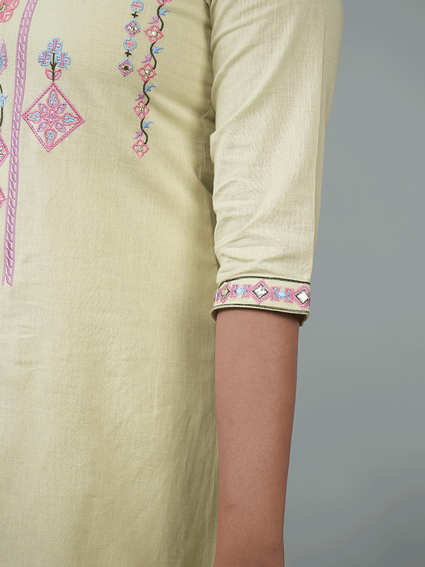 Embroidered Linen Cotton Solid Straight Green Kurta