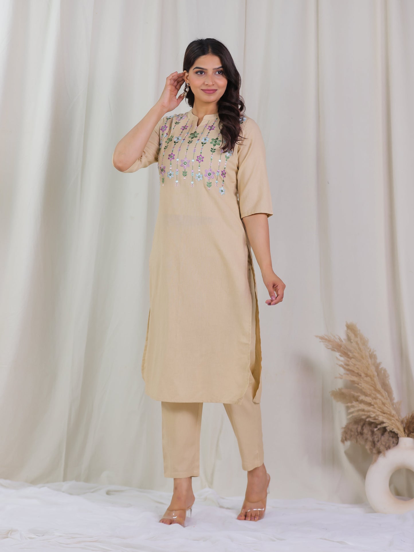 Embroidered Linen Cotton Solid Straight Beige Kurta