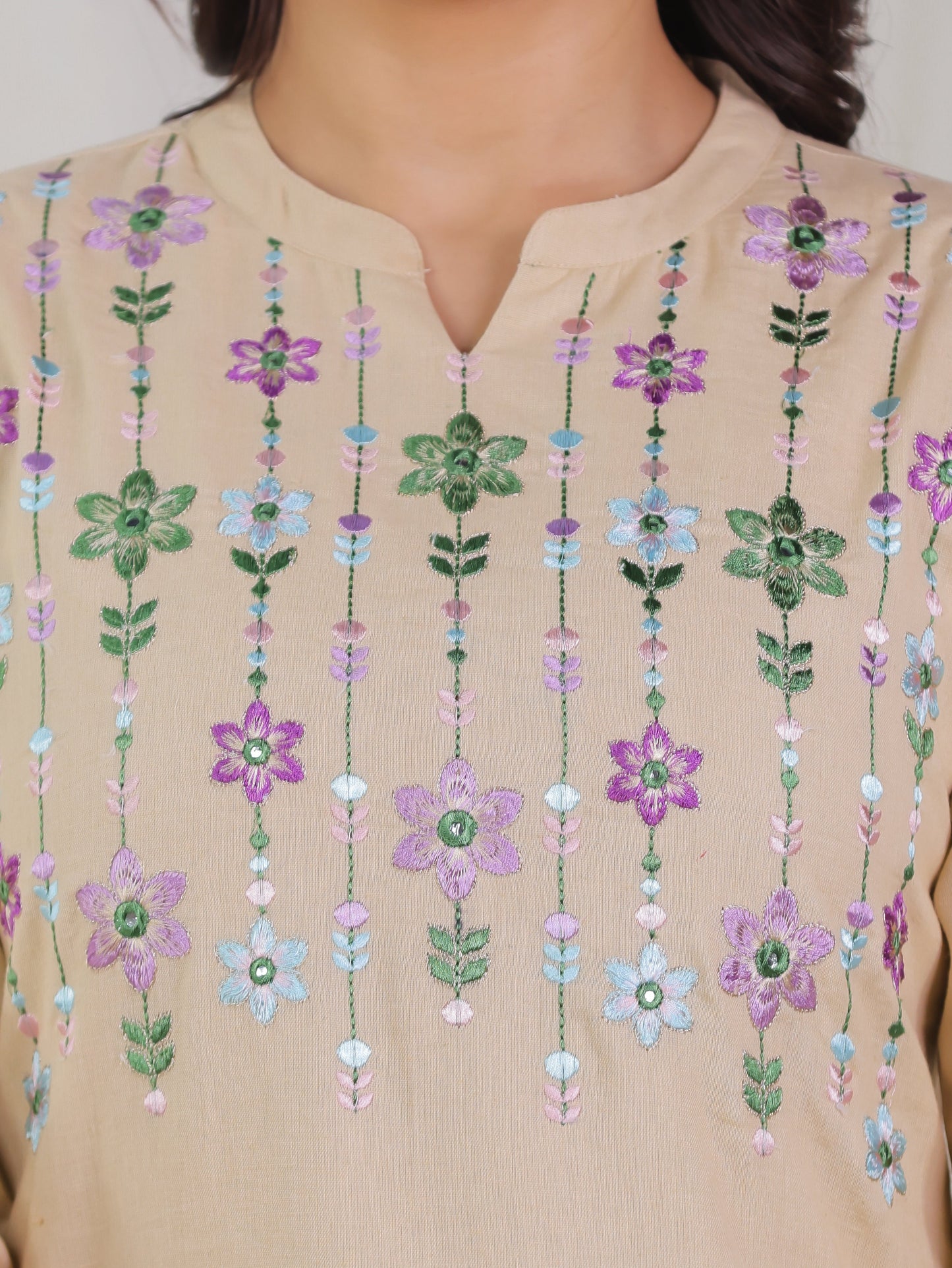Embroidered Linen Cotton Solid Straight Beige Kurta