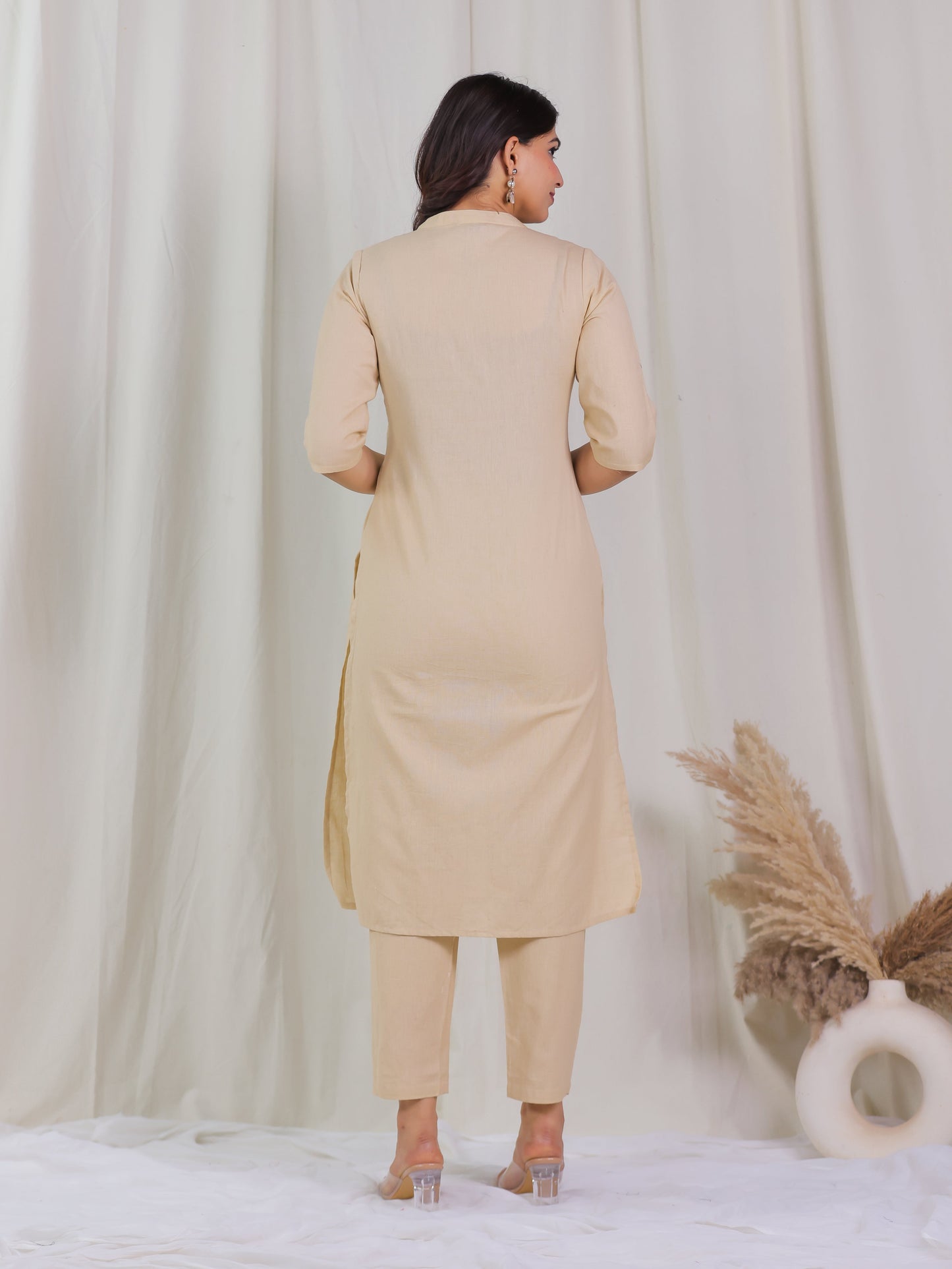 Embroidered Linen Cotton Solid Straight Beige Kurta