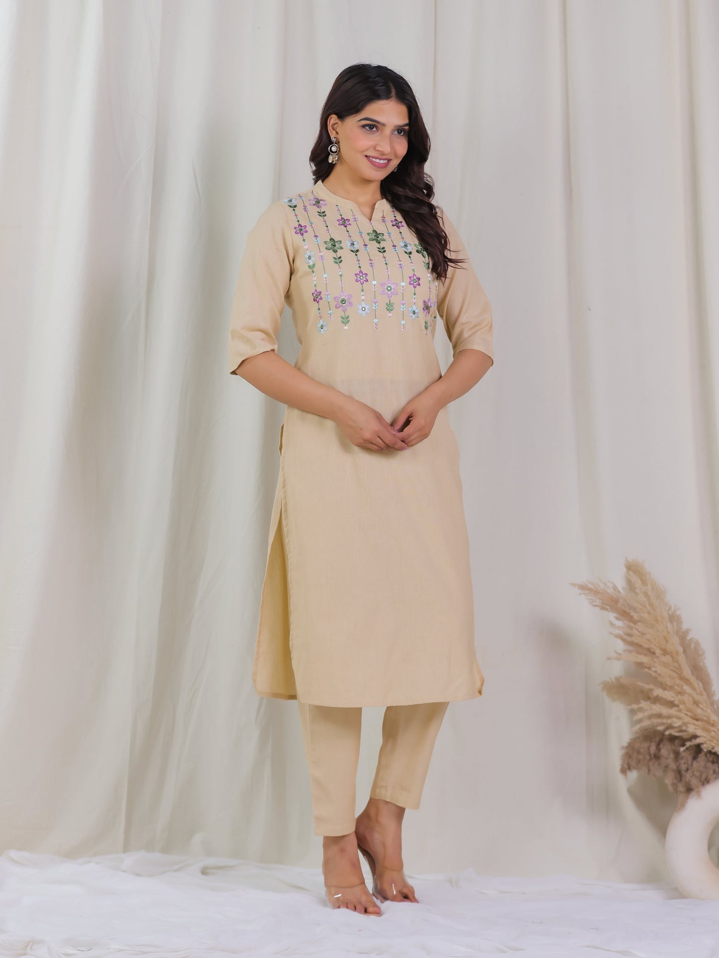 Embroidered Linen Cotton Solid Straight Beige Kurta