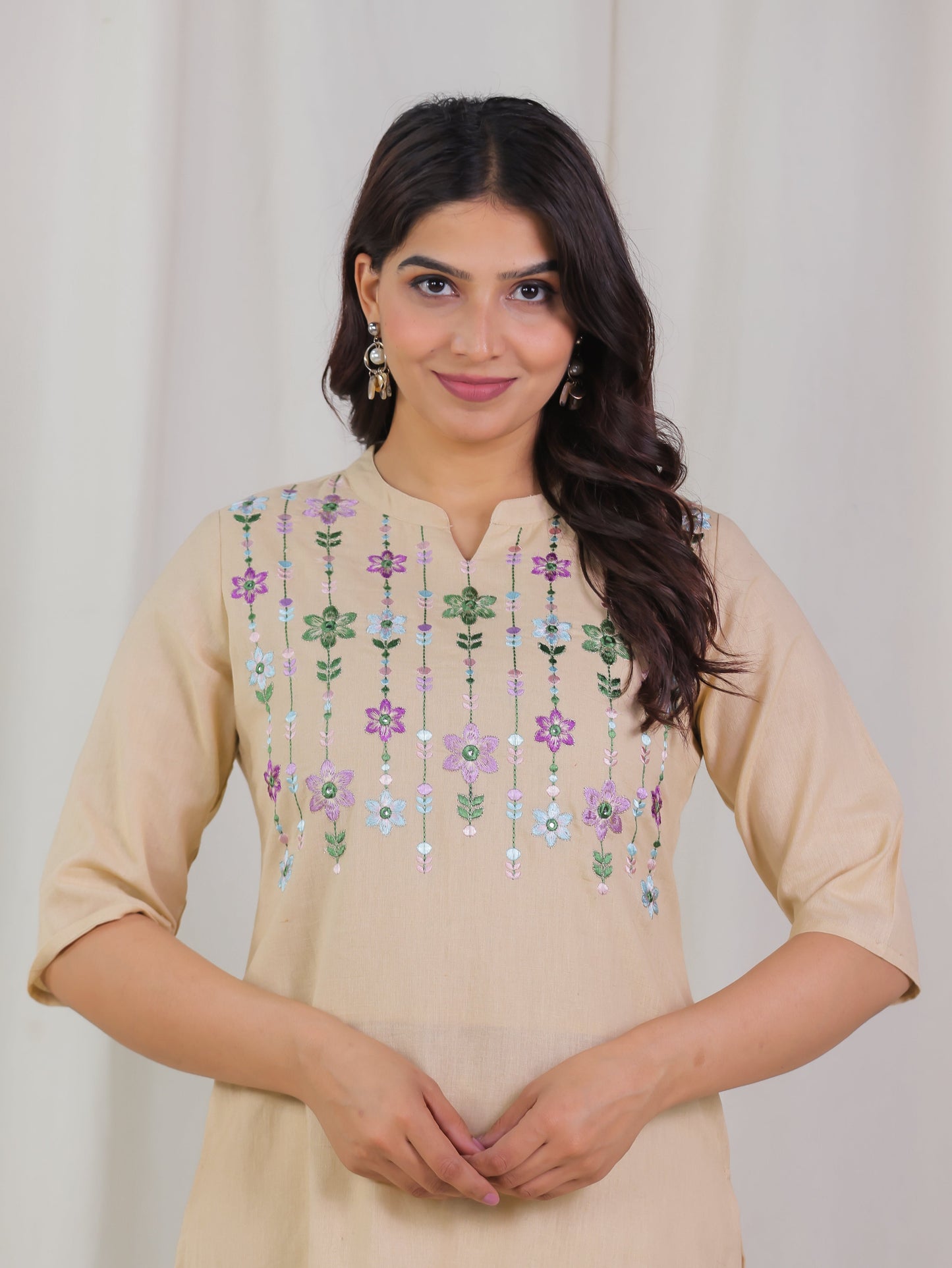 Embroidered Linen Cotton Solid Straight Beige Kurta