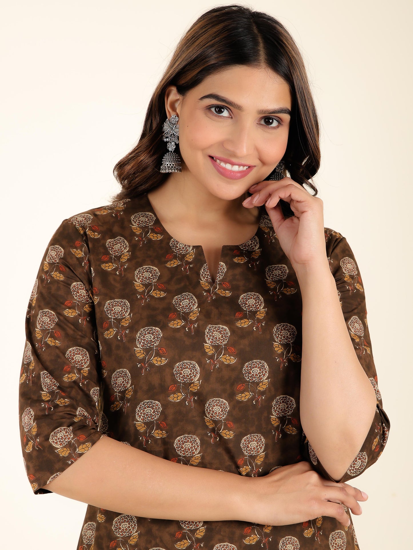 Soft Cotton Floral Straight Brown Kurta