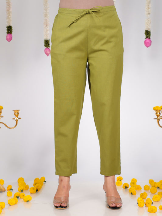 Soft Cotton Solid Green Tapered Trousers