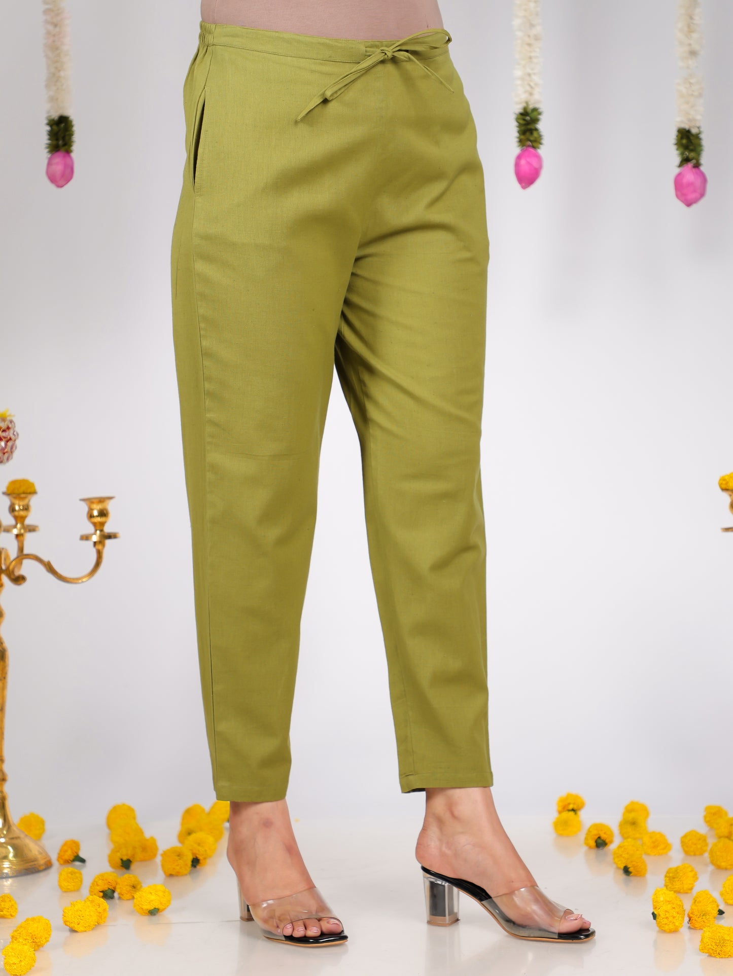 Soft Cotton Solid Green Tapered Trousers