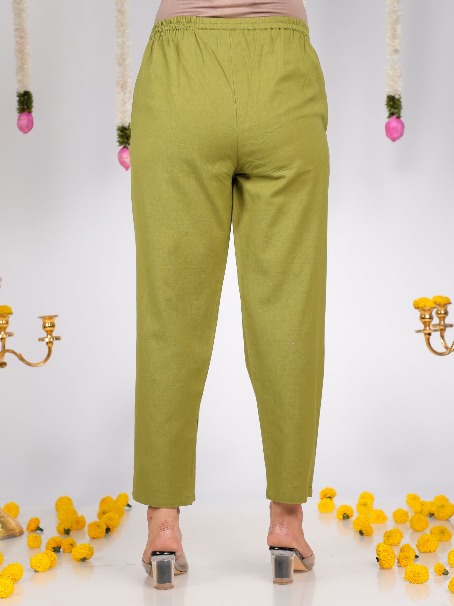 Soft Cotton Solid Green Tapered Trousers