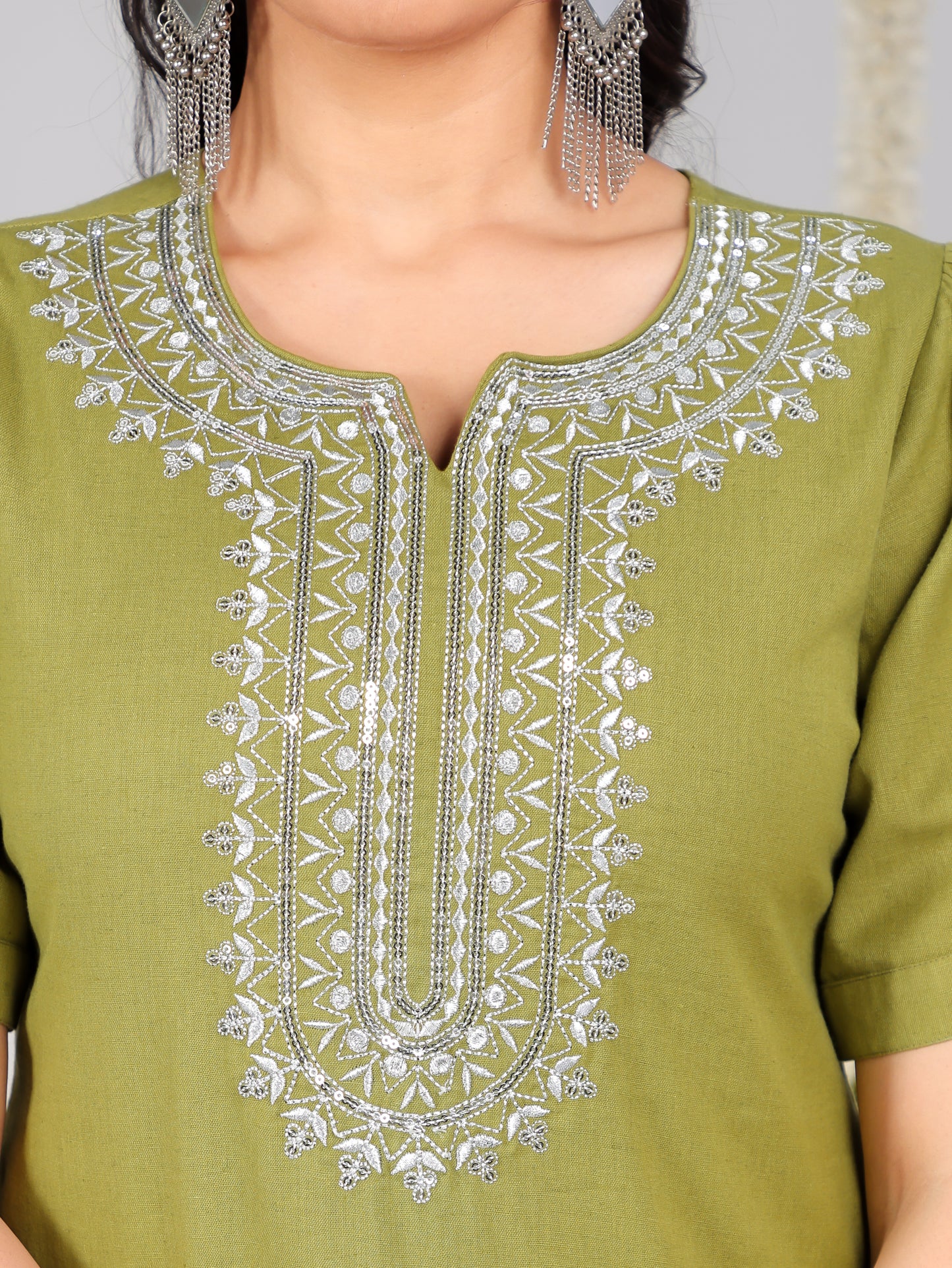 Embroidered Soft Cotton Solid Straight Green Kurta