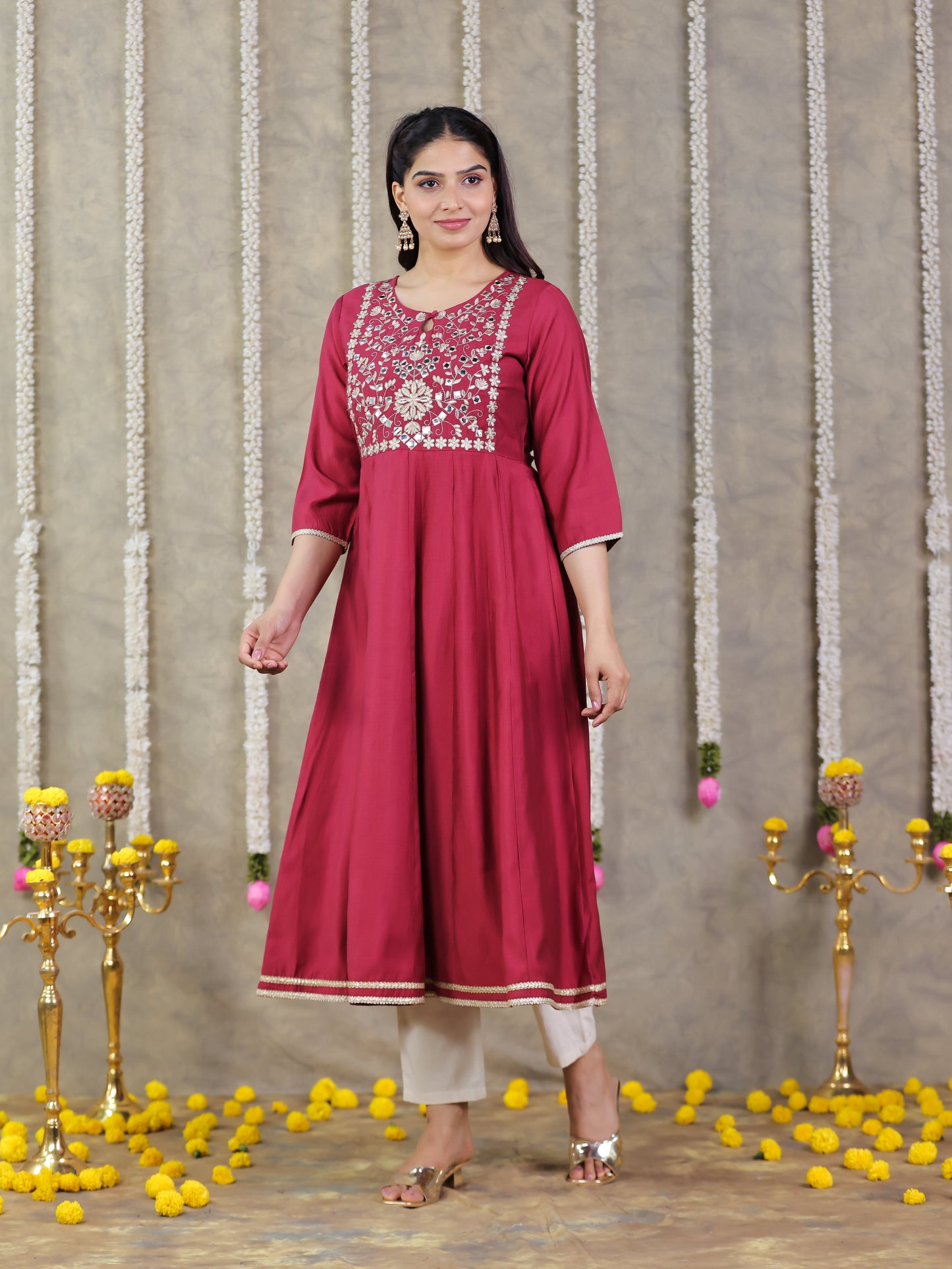 Embroidered Silk Solid Anarkali Maroon Kurta