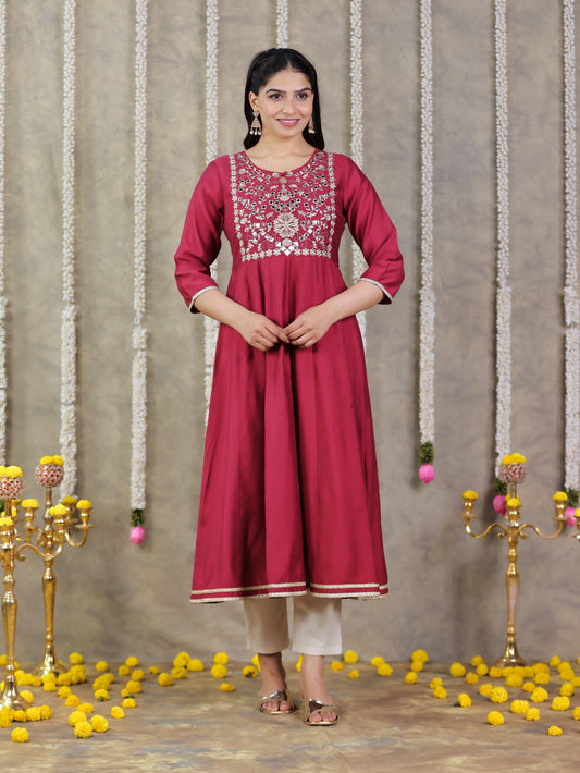 Embroidered Blended Silk Solid Anarkali Maroon Kurta
