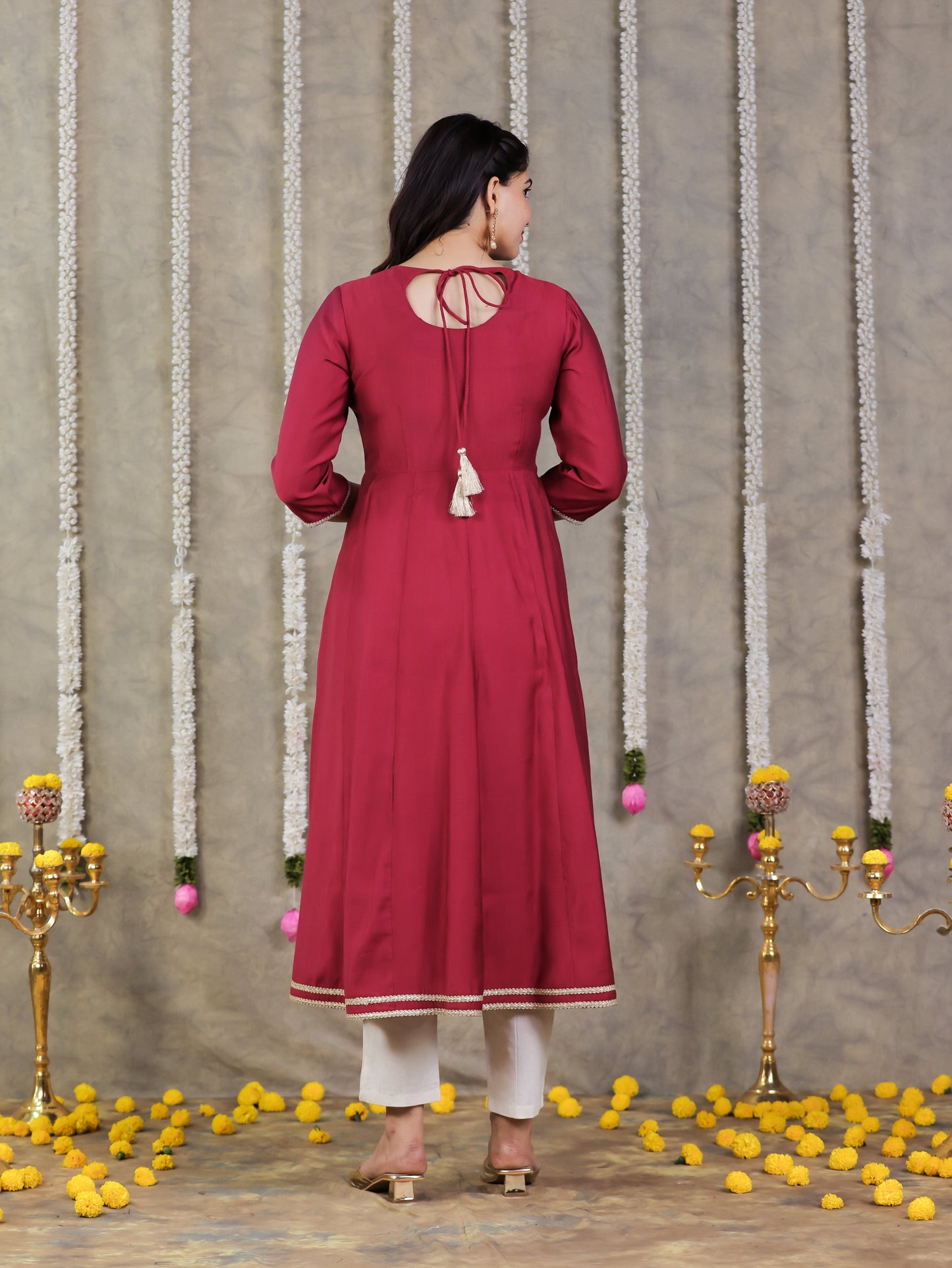 Embroidered Silk Solid Anarkali Maroon Kurta