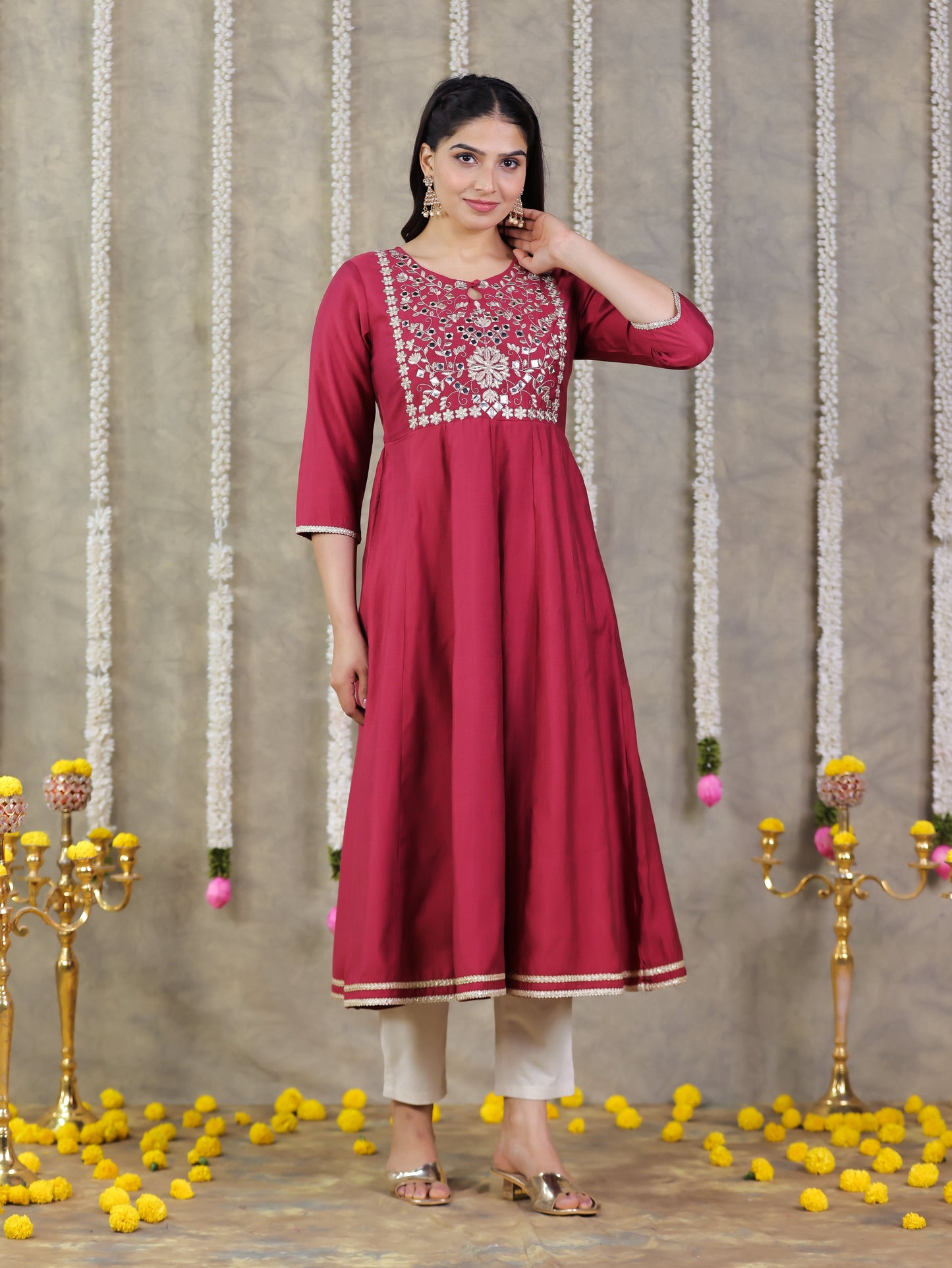 Embroidered Silk Solid Anarkali Maroon Kurta