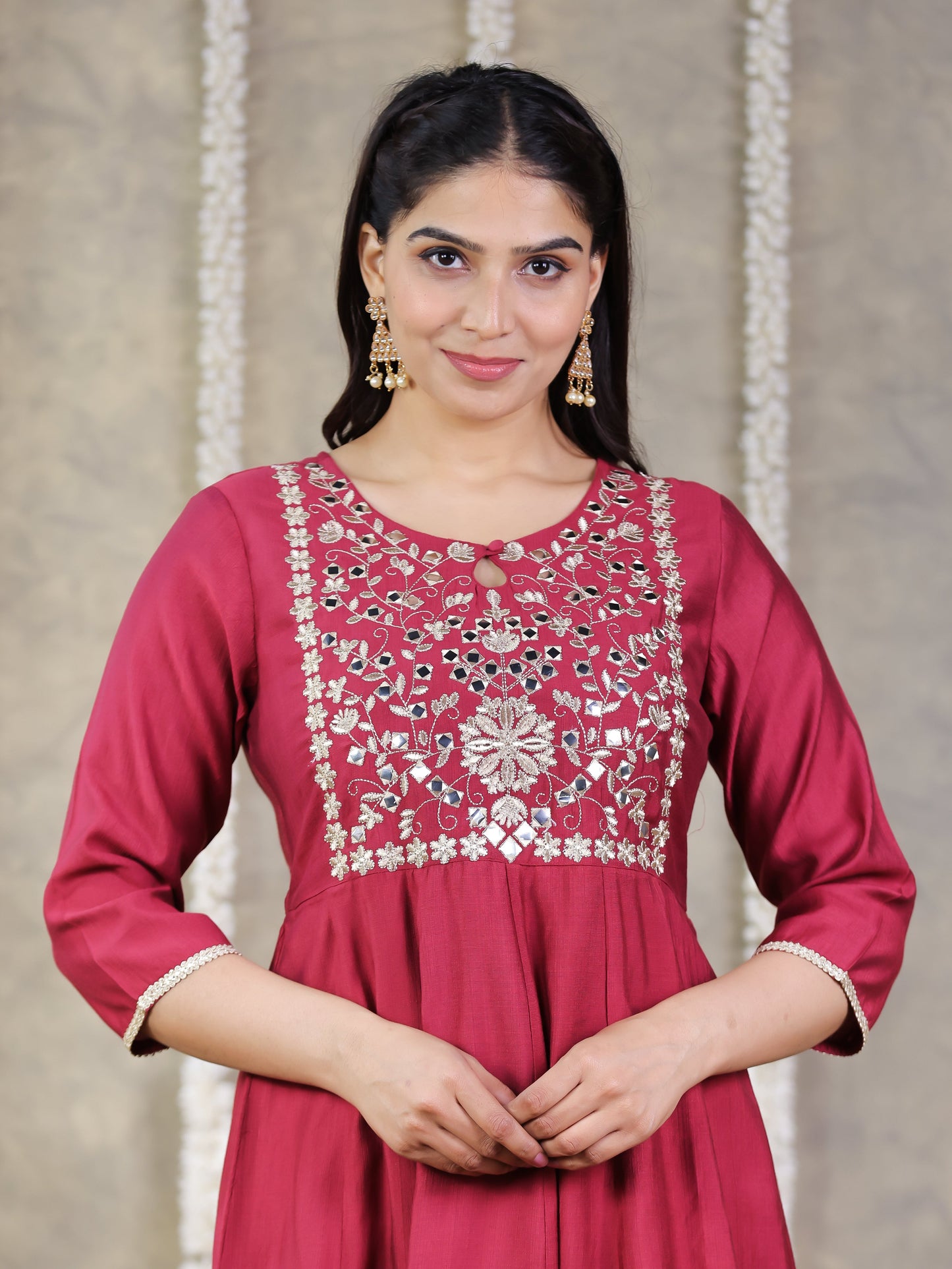Embroidered Silk Solid Anarkali Maroon Kurta