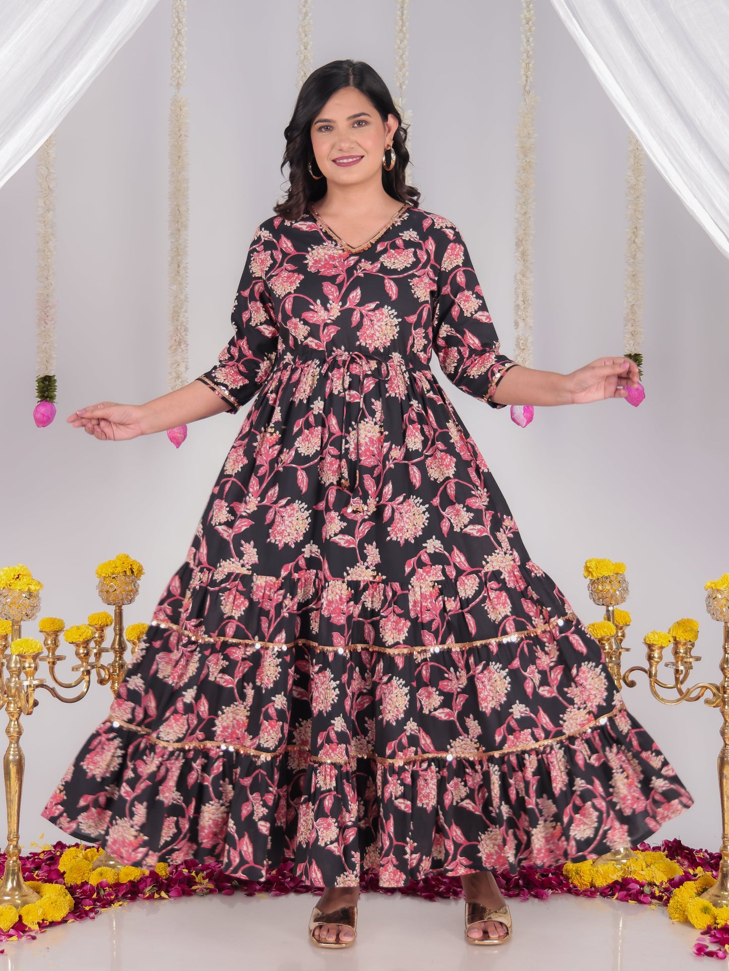 Soft Cotton Floral A-line Black Dress
