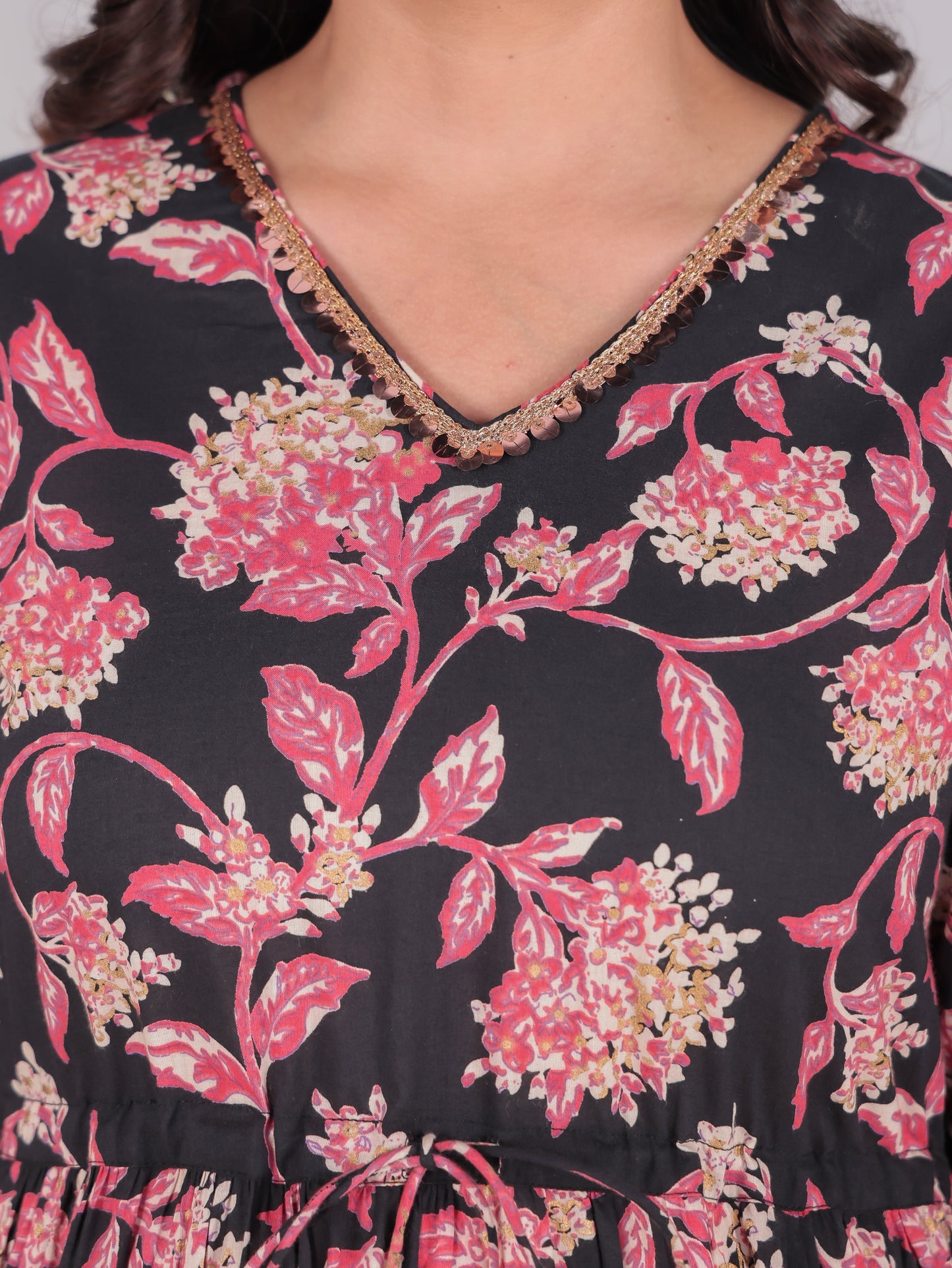Soft Cotton Floral A-line Black Dress