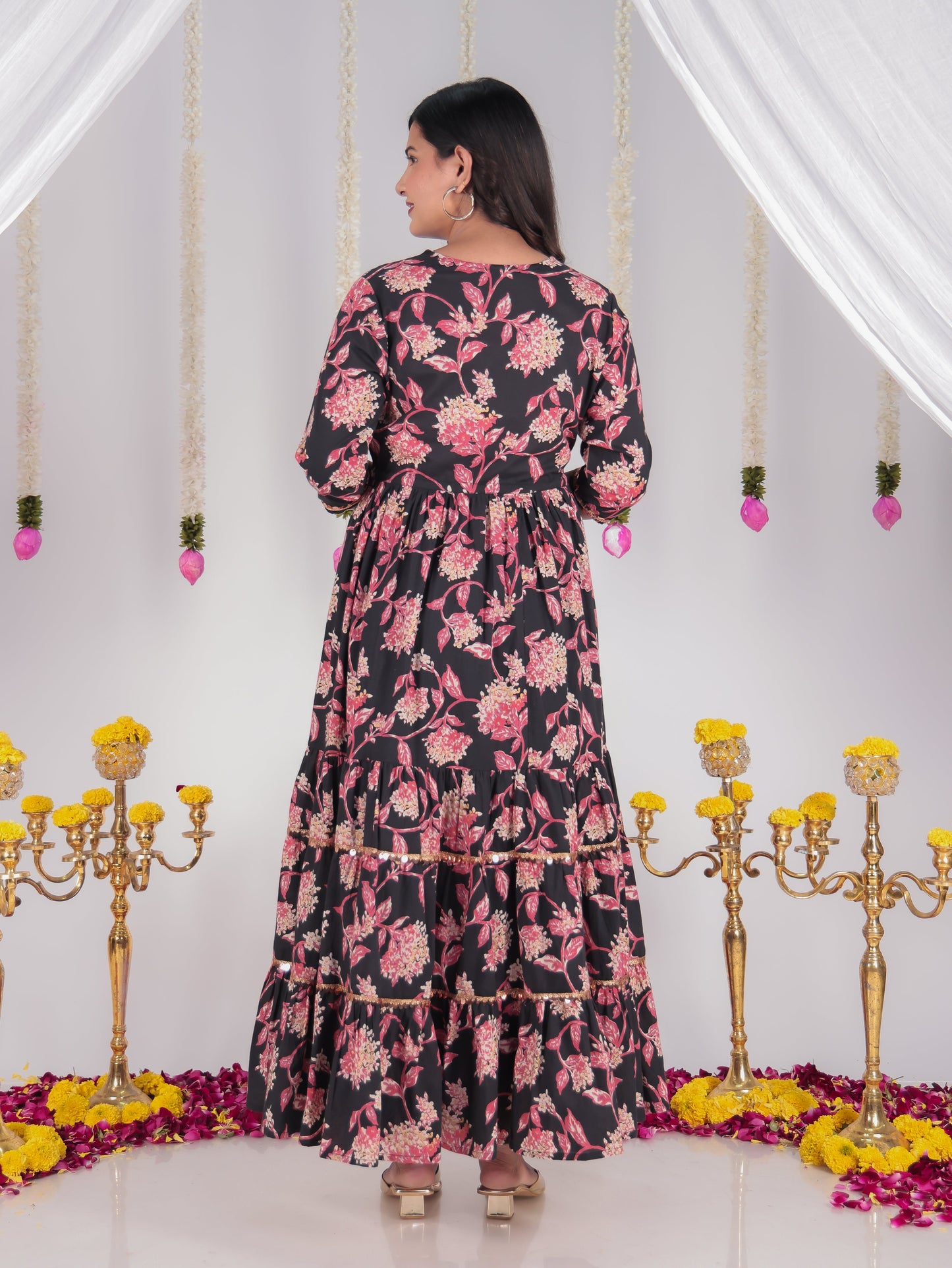 Soft Cotton Floral A-line Black Dress