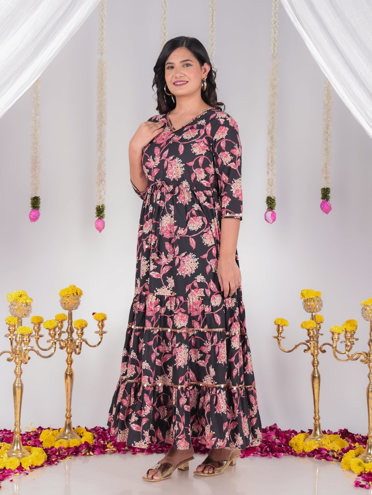 Soft Cotton Floral A-line Black Dress