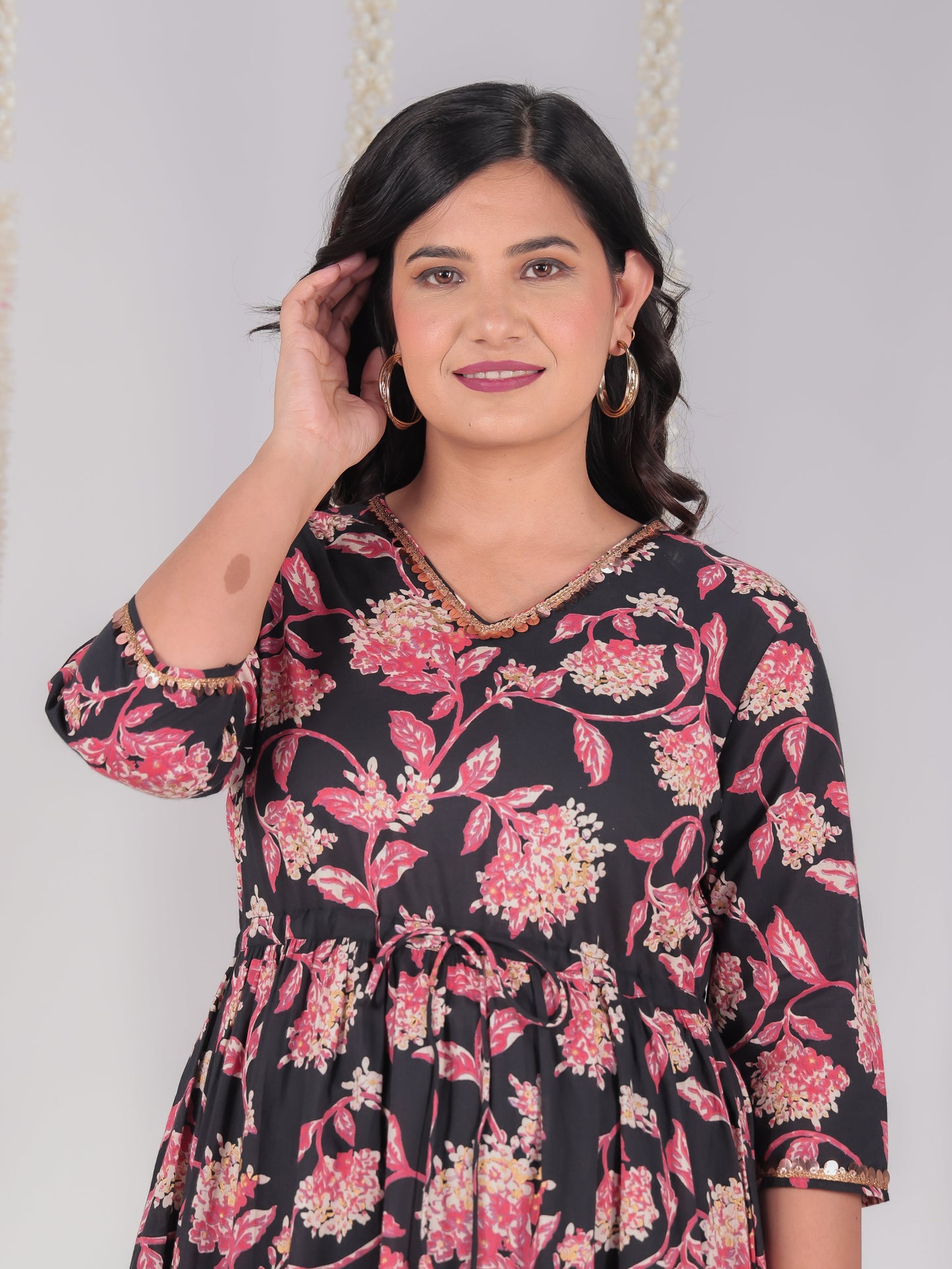 Soft Cotton Floral A-line Black Dress