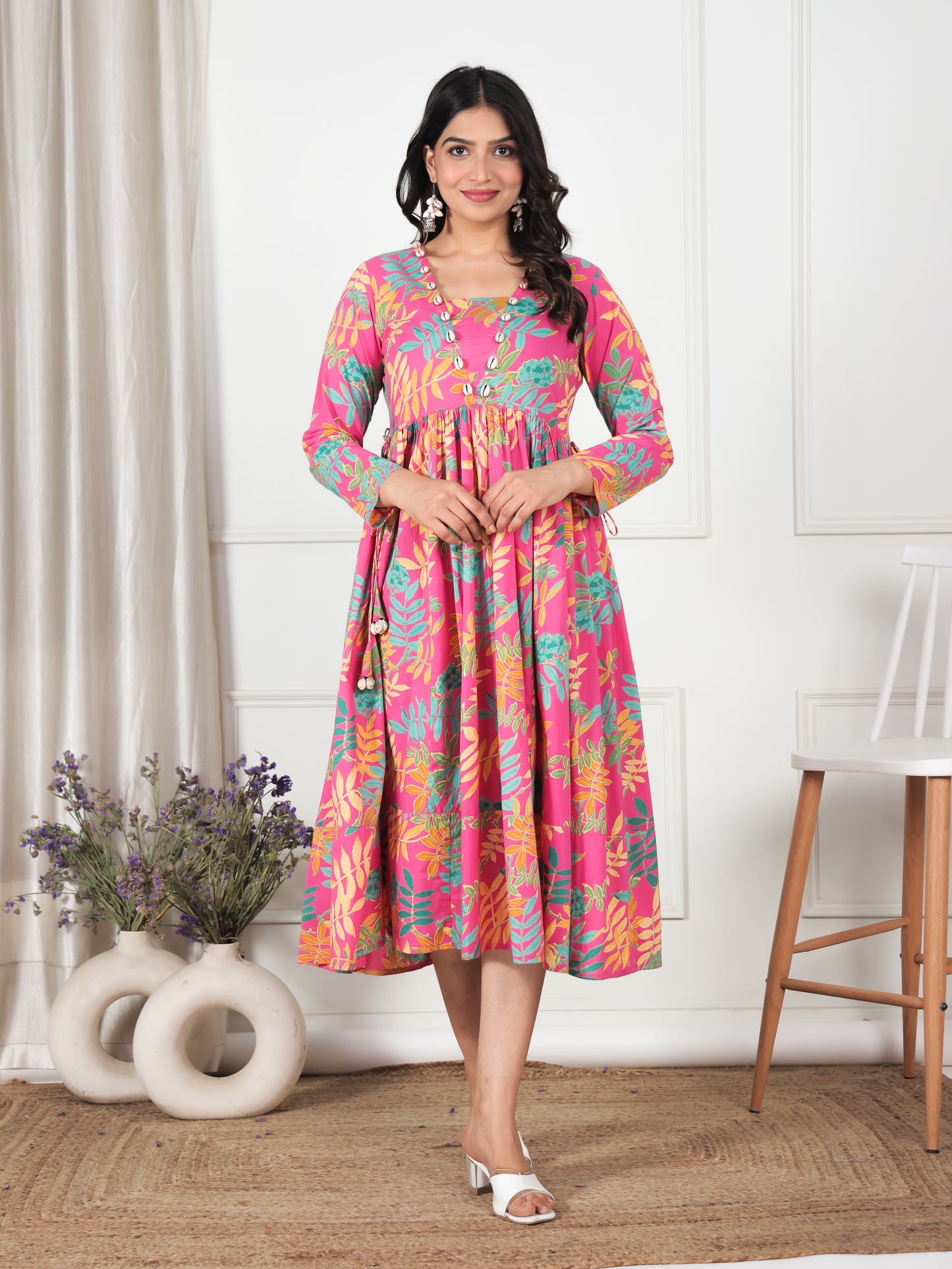 Soft Cotton Foliage Gathered Pink Dress