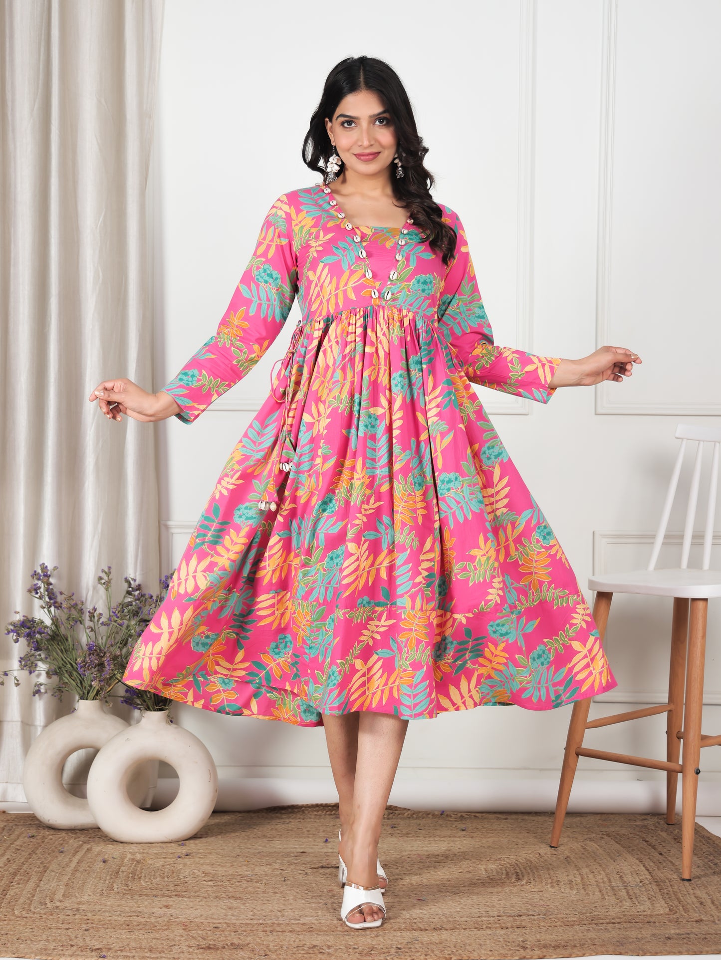 Soft Cotton Foliage Gathered Pink Dress