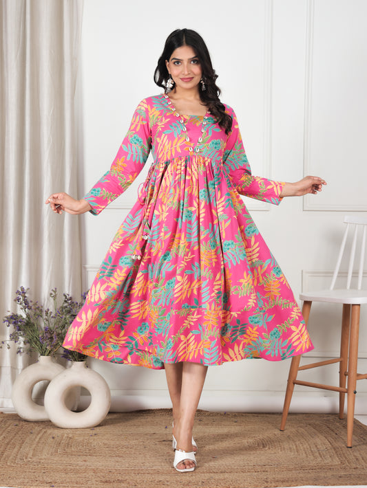 Soft Cotton Foliage Gathered Pink Dress